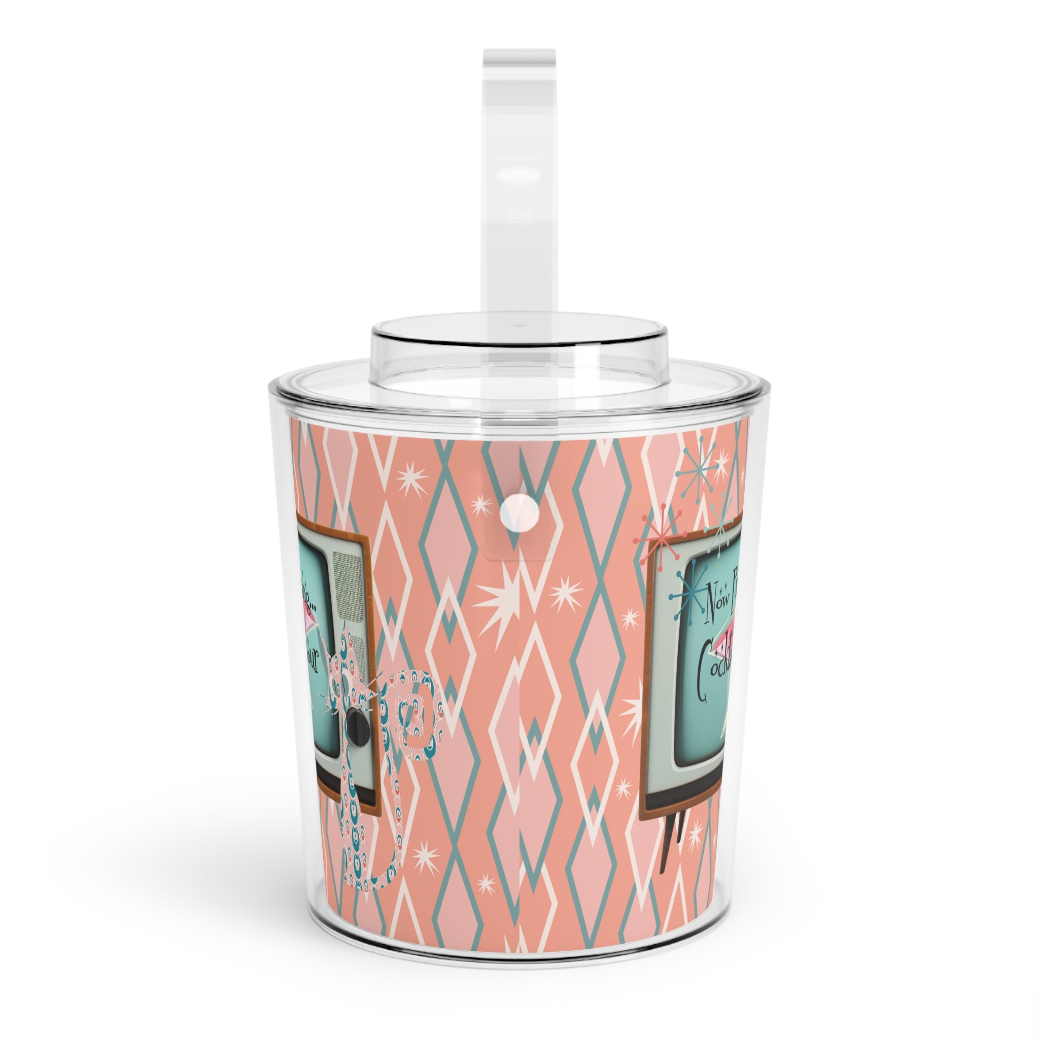 Mid Century Modern Barware, Atomic Cat, Now Presenting Cocktail Hour, Kitschy 50s Designed, Retro Ice Bucket with Tongs - Mid Century Modern Gal