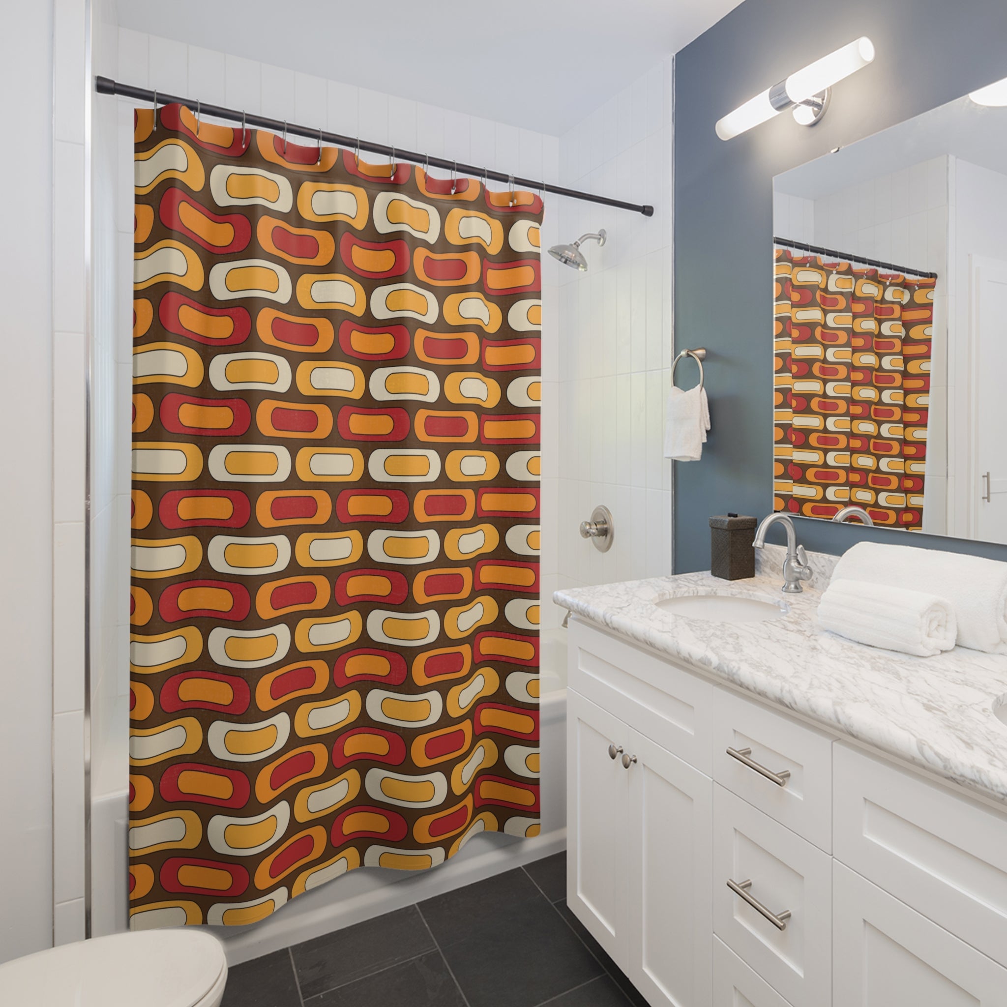 Retro Geometric Mid Mod Brown Orange Yellow, Burnt Red MCM Shower Curtain - Mid Century Modern Gal