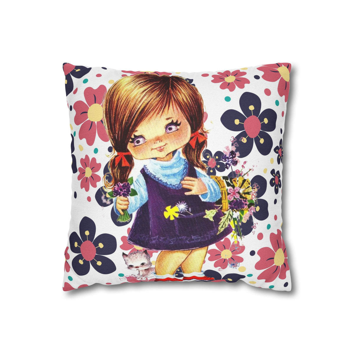 Vintage 60's Big Eyed Cute Girl, Violets, Flower Power, Groovy Hippie Vibes, Pillow COVER Only - Mid Century Modern Gal