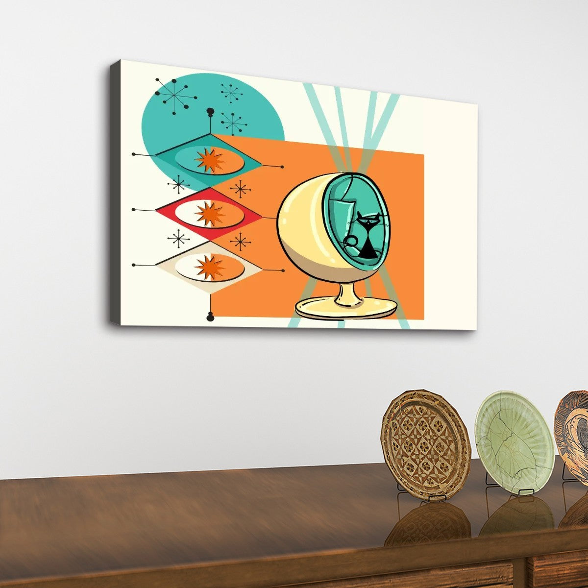 Mid Century Modern Wall Art, Atomic Cat Starbursts Sputnik Designed Mod Canvas Art - Mid Century Modern Gal