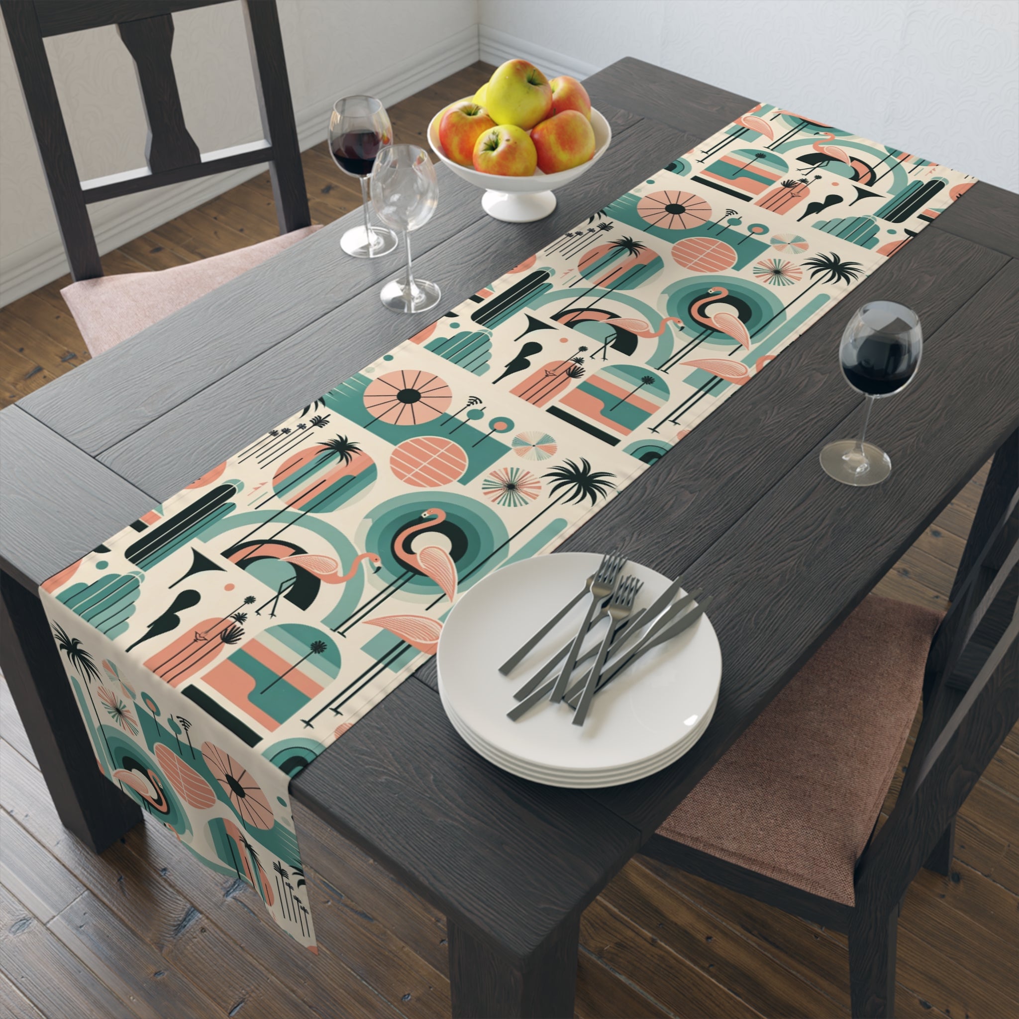 Palm Springs California Flamingo Mid Century Modern Pink, Aqua, MCM Table Runner - Mid Century Modern Gal
