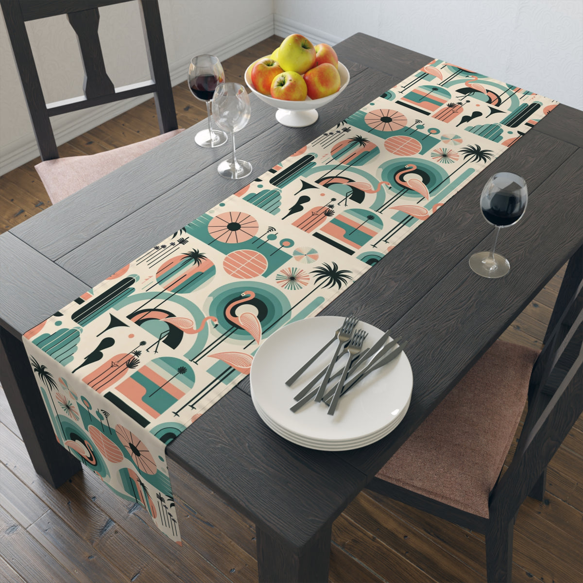 Palm Springs California Flamingo Mid Century Modern Pink, Aqua, MCM Table Runner - Mid Century Modern Gal