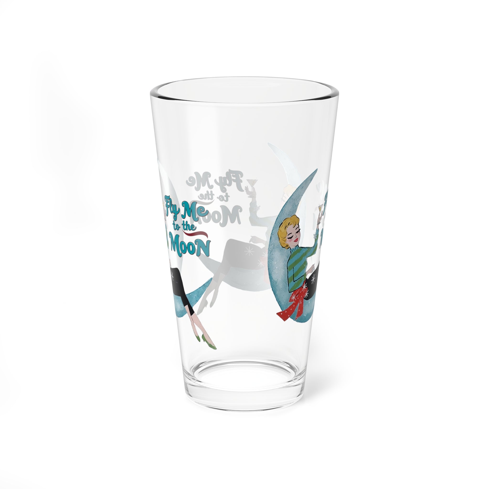 Mid Century Modern Christmas Kitsch Retro Mixing Glass - "Fly Me to the Moon" - 16oz Holiday Cocktail Cup - Mid Century Modern Gal
