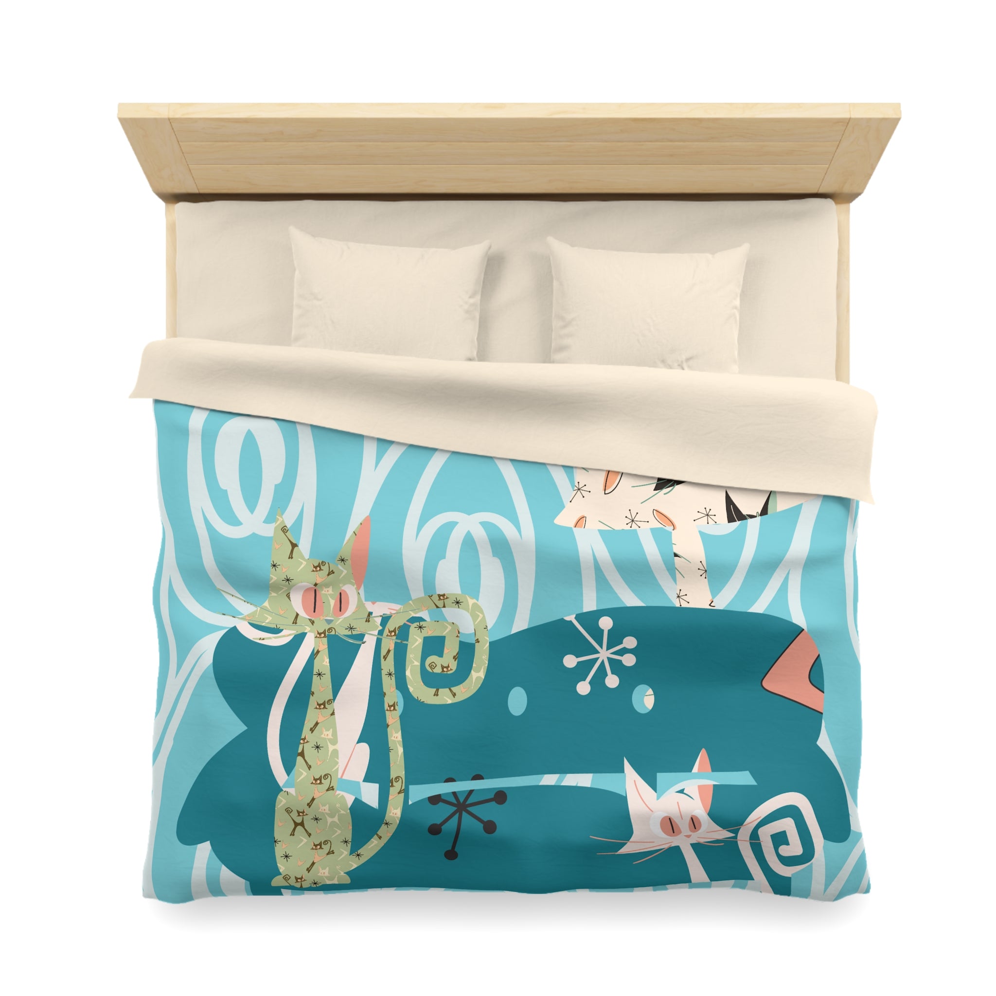 Atomic Cat Bedding, Mid Century Modern Style, Quirky, Whimsical Blue, Coral, Kitschy 50s Funky Fun MCM Duvet Cover - Mid Century Modern Gal