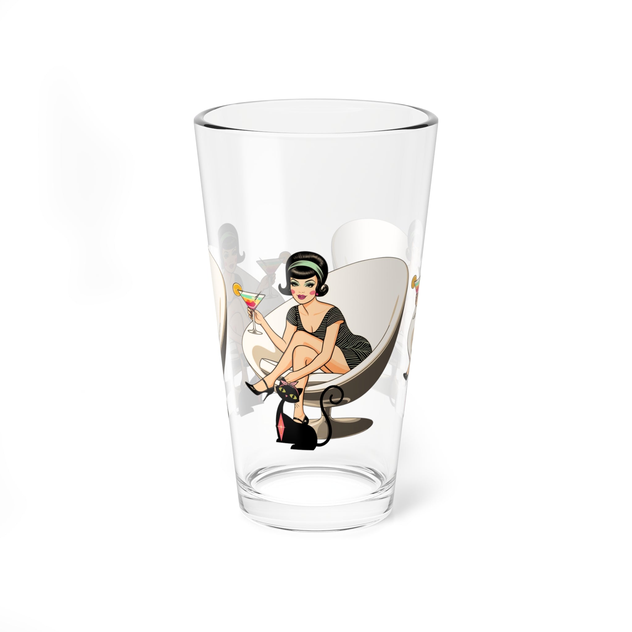Mid Century Modern Gal, Atomic CatRetro Cocktail Glass - 16oz Stylish Barware with Mid Mod Design - Mid Century Modern Gal
