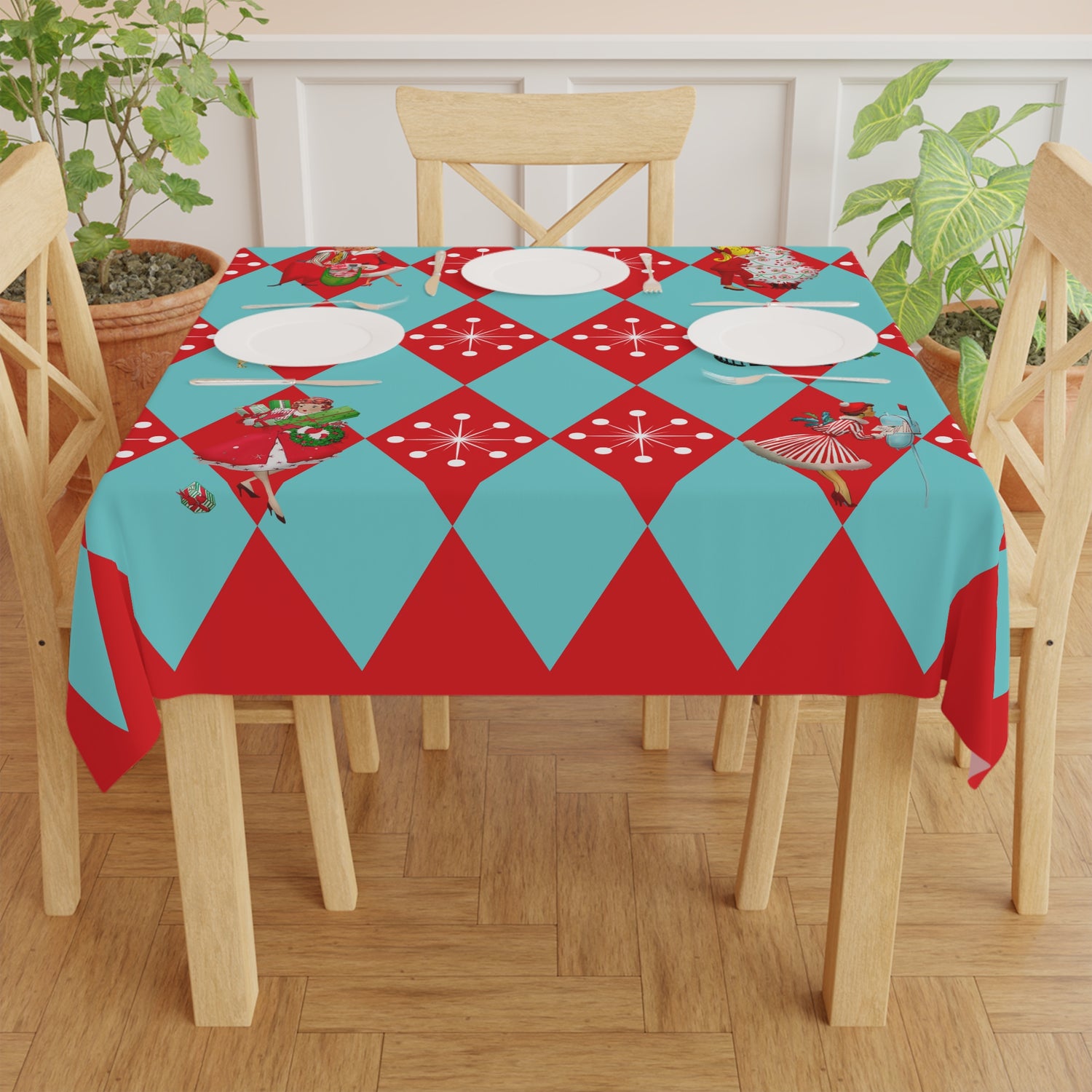Christmas Tablecloth, Holiday Red, Aqua Harlequin Diamond 50s Gals Kitschy Christmas Table Decor - Mid Century Modern Gal