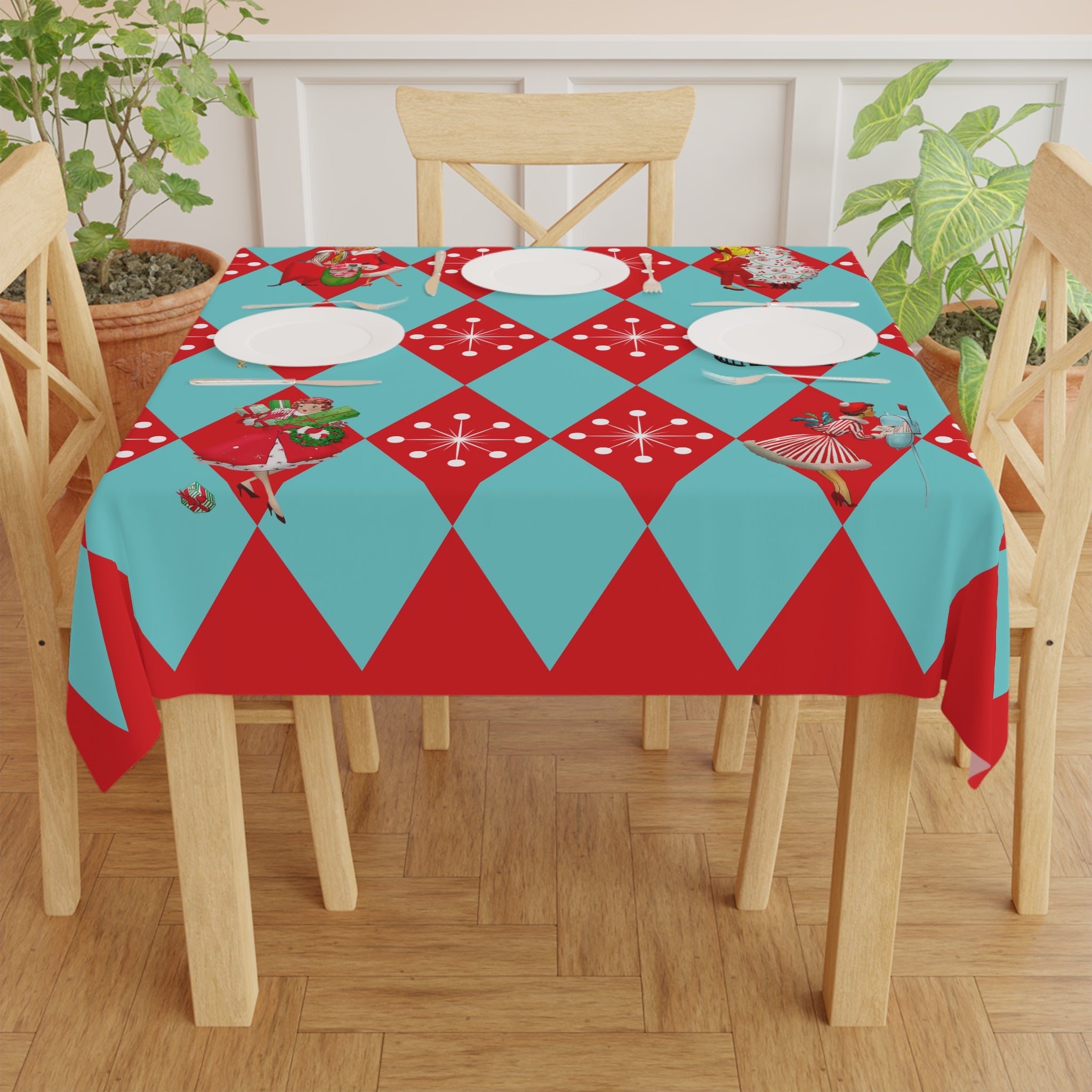 Christmas Tablecloth, Holiday Red, Aqua Harlequin Diamond 50s Gals Kitschy Christmas Table Decor - Mid Century Modern Gal