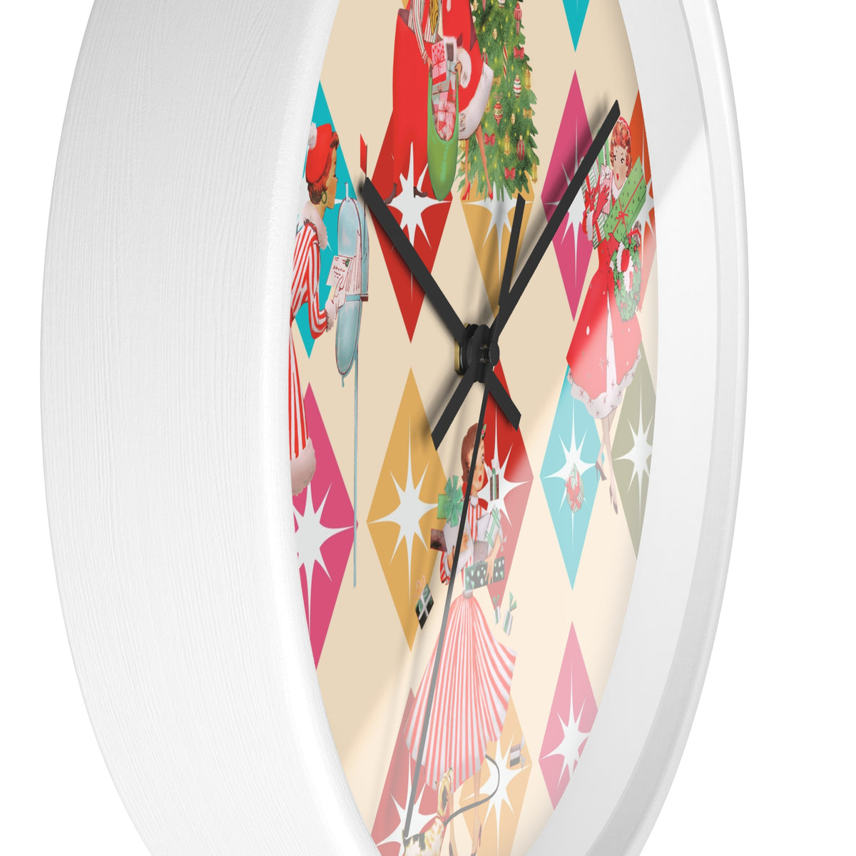 Holiday Retro Vintage Christmas Kitsch, Mid Century Modern Christmas Card Fun Kitschy 50s X-mas Wall Clock - Mid Century Modern Gal
