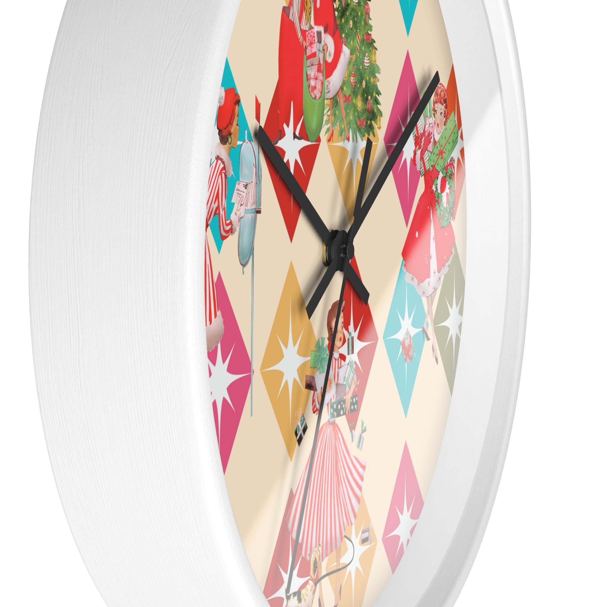 Holiday Retro Vintage Christmas Kitsch, Mid Century Modern Christmas Card Fun Kitschy 50s X-mas Wall Clock - Mid Century Modern Gal