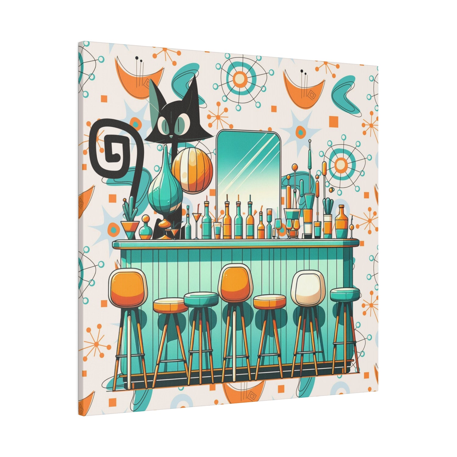 Atomic Cat, Mid Century Modern Kitschy Bar, Orange, Teal Mid Century Modern Wall Art - Mid Century Modern Gal