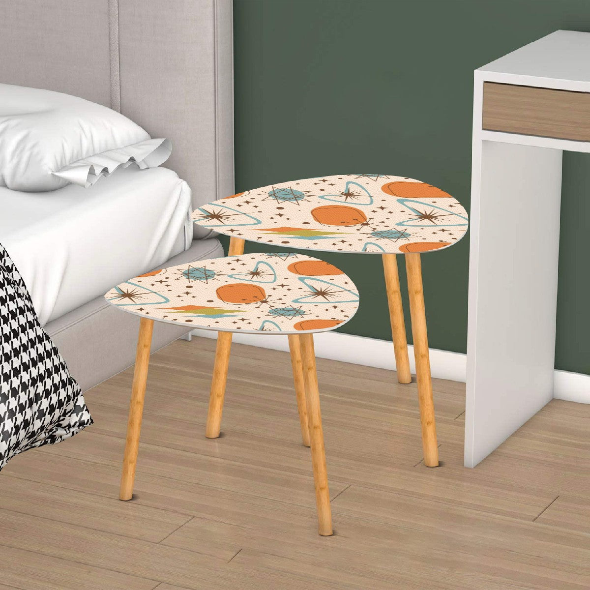 Mid Century Modern Nesting Tables, Atomic Boomerang, Starbursts Orange Blue Designed - Mid Century Modern Gal