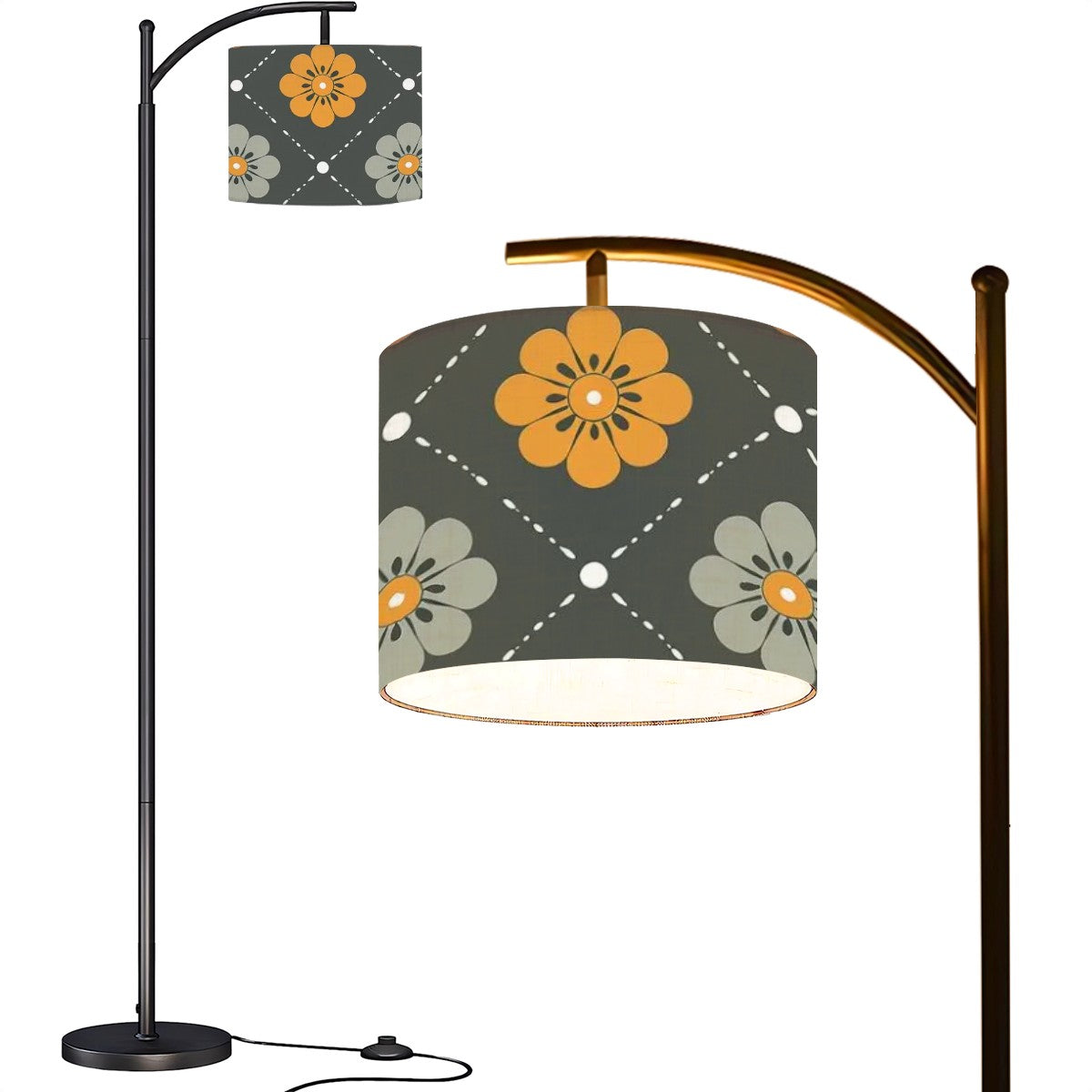 Scandinavian Floral, Mustard Yellow, Gray Mid Century Modern Arc Floor Lamp - Mid Century Modern Gal