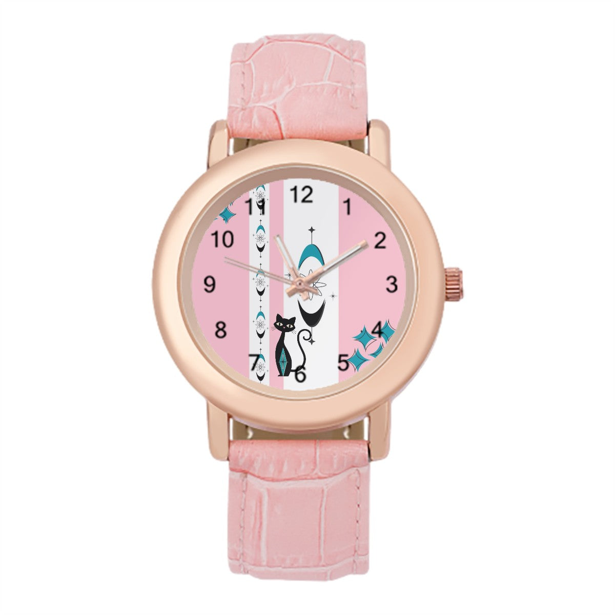 Pink Atomic Retro Cat, Kitschy Mod Watch For Women - Mid Century Modern Gal