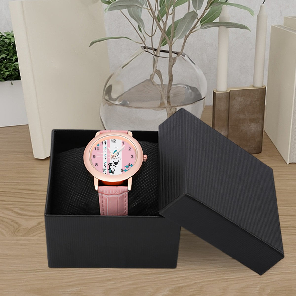 Pink Atomic Retro Cat, Kitschy Mod Watch For Women - Mid Century Modern Gal