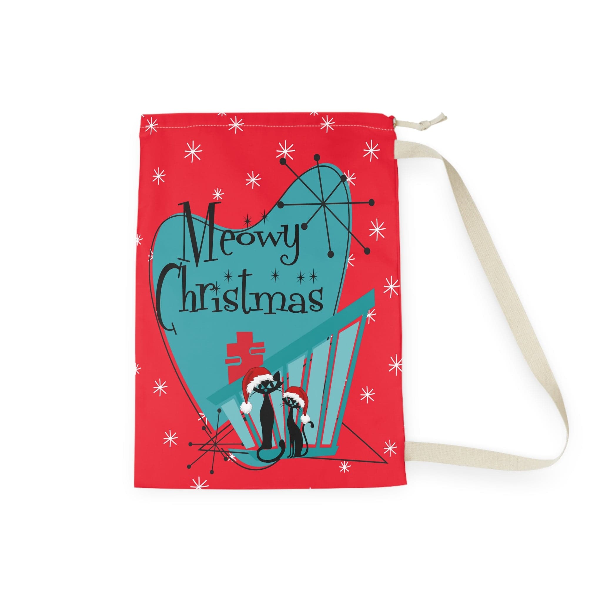 Mid Century Modern Christmas Bag Present Sack, Gift Sack, Atomic Cats, Meowy Christmas Red And Aqua Christmas Decor Home Decor 28" × 36"