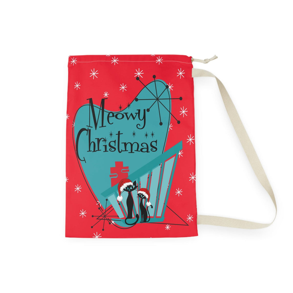 Mid Century Modern Christmas Bag Present Sack, Gift Sack, Atomic Cats, Meowy Christmas Red And Aqua Christmas Decor Home Decor 28" × 36"