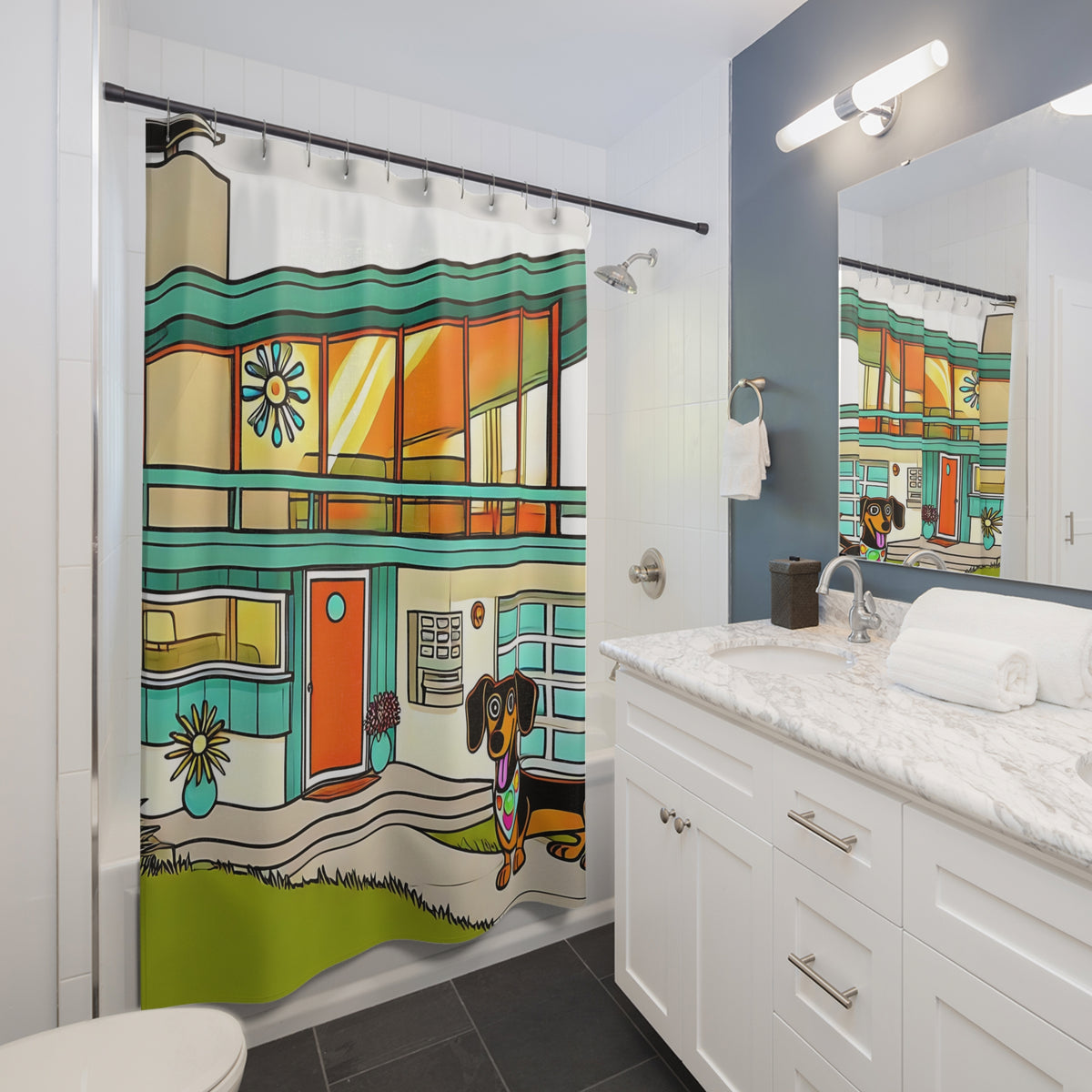 Doxie Dog Palm Spring California Mid Century Modern Kitschy Shower Curtain - Mid Century Modern Gal