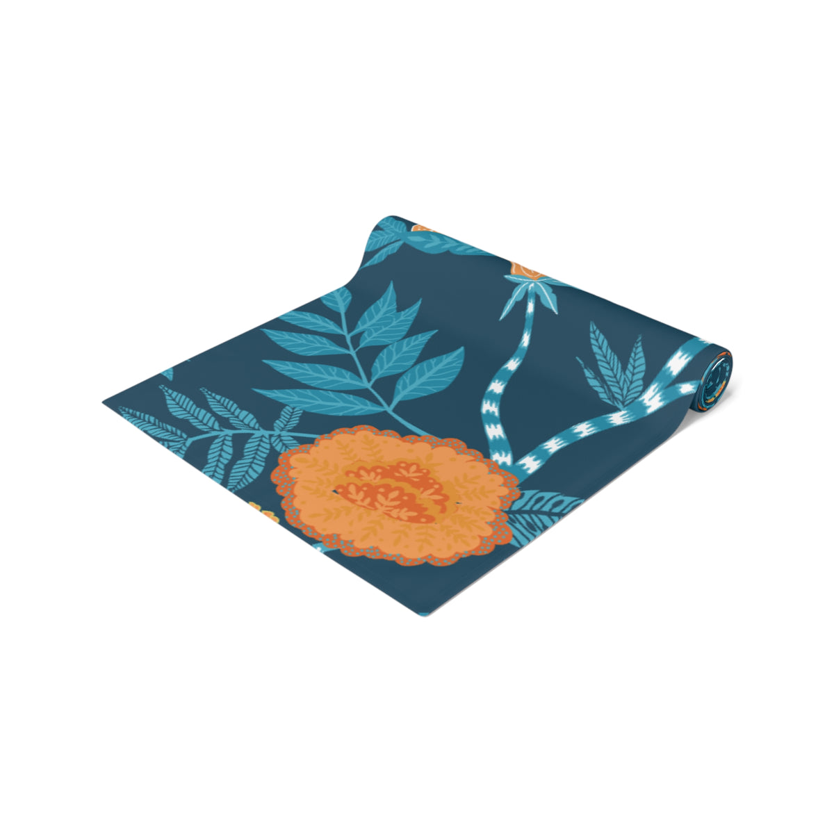Beautiful Chinoiserie Tanquil Blue, Orange Floral Table Runner - Mid Century Modern Gal