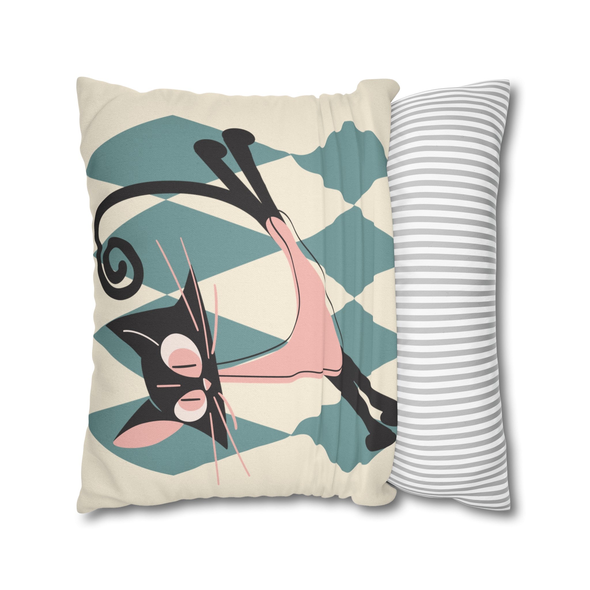 Atomic Kittie, Boomerang Mid Mod Atomic Cat, Harlequin Diamond Kitschy Pillow Cover - Mid Century Modern Gal