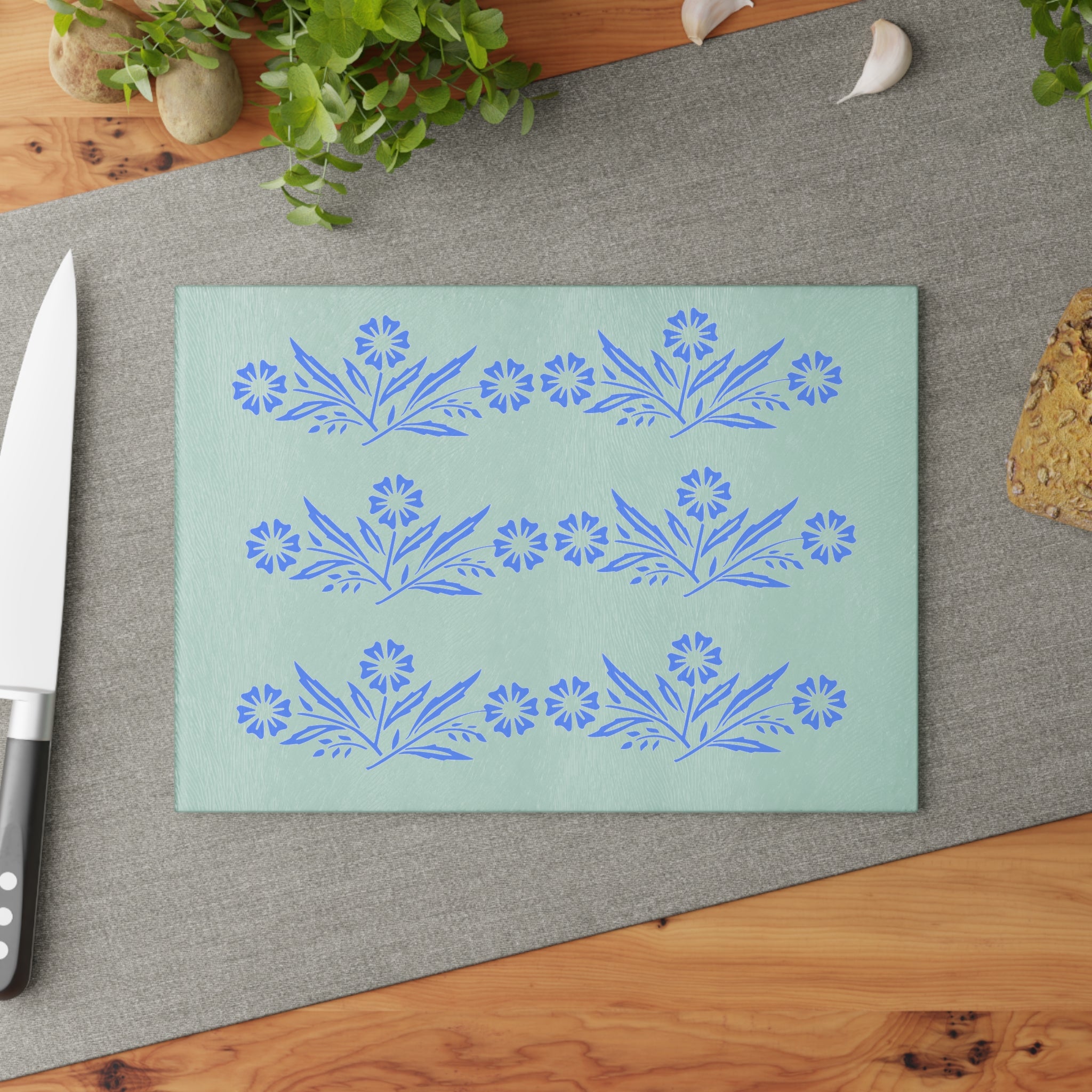 Blue Cornflower Kitschy Kitchen Coriningware Inspired Glass Cutting Board - Mid Century Modern Gal