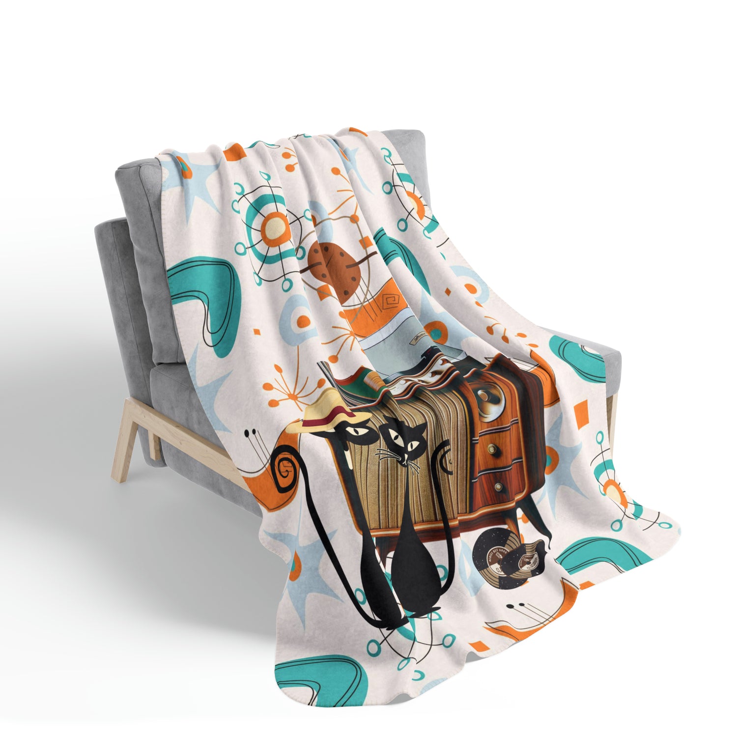 Atomic Cat, Retro Vinyl Console, Couples Gifts, Mid Century Modern Atomic Design Fleece Sherpa Blanket - Mid Century Modern Gal