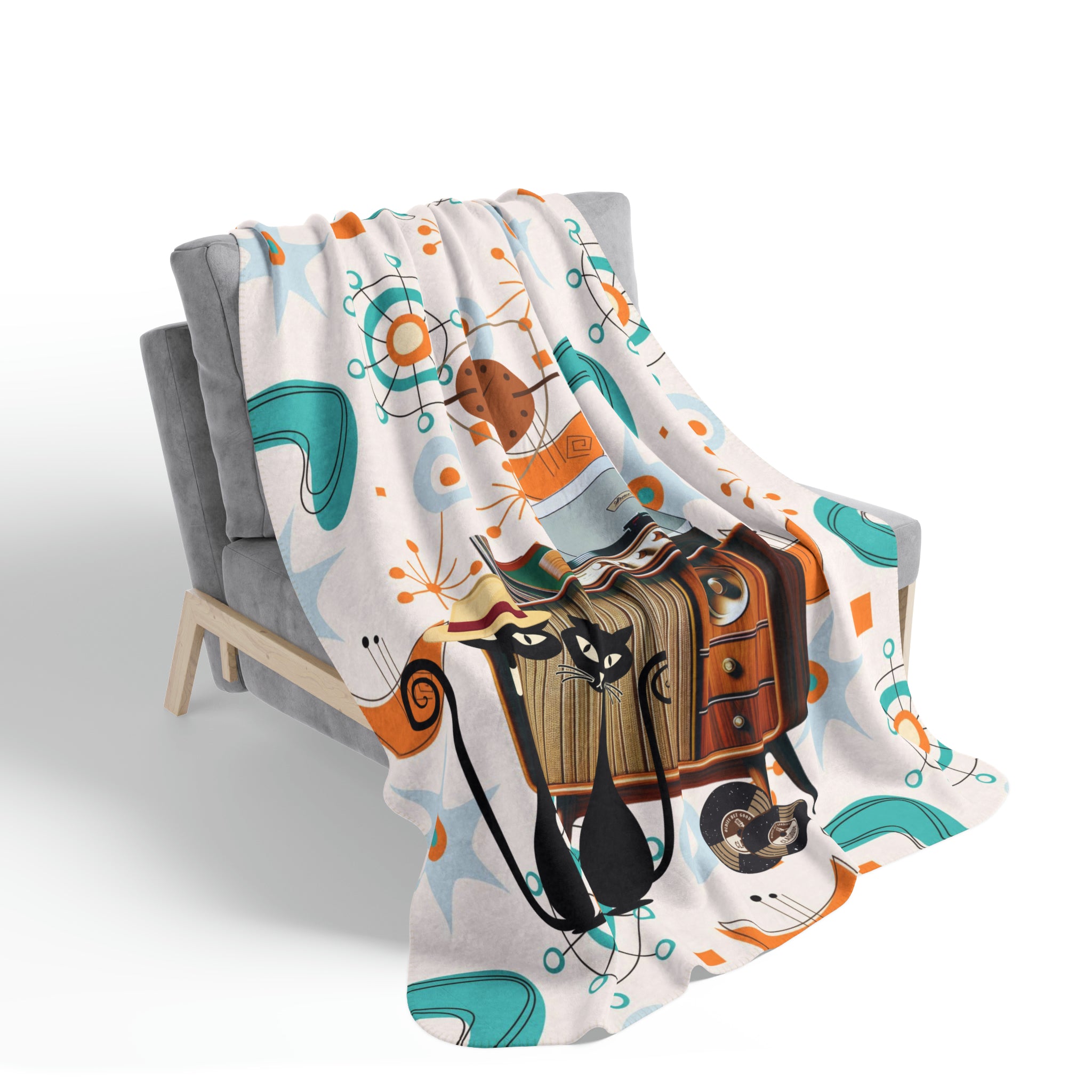 Atomic Cat, Retro Vinyl Console, Couples Gifts, Mid Century Modern Atomic Design Fleece Sherpa Blanket - Mid Century Modern Gal