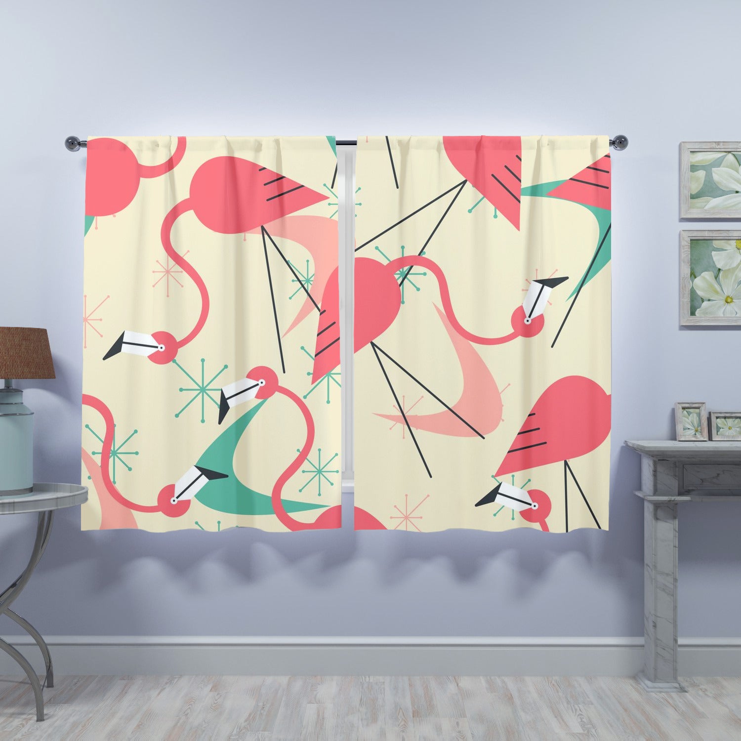 Mid Century Modern Flamingo Kitschy Fun Quirky Retro Window Curtains (two panels) - Mid Century Modern Gal