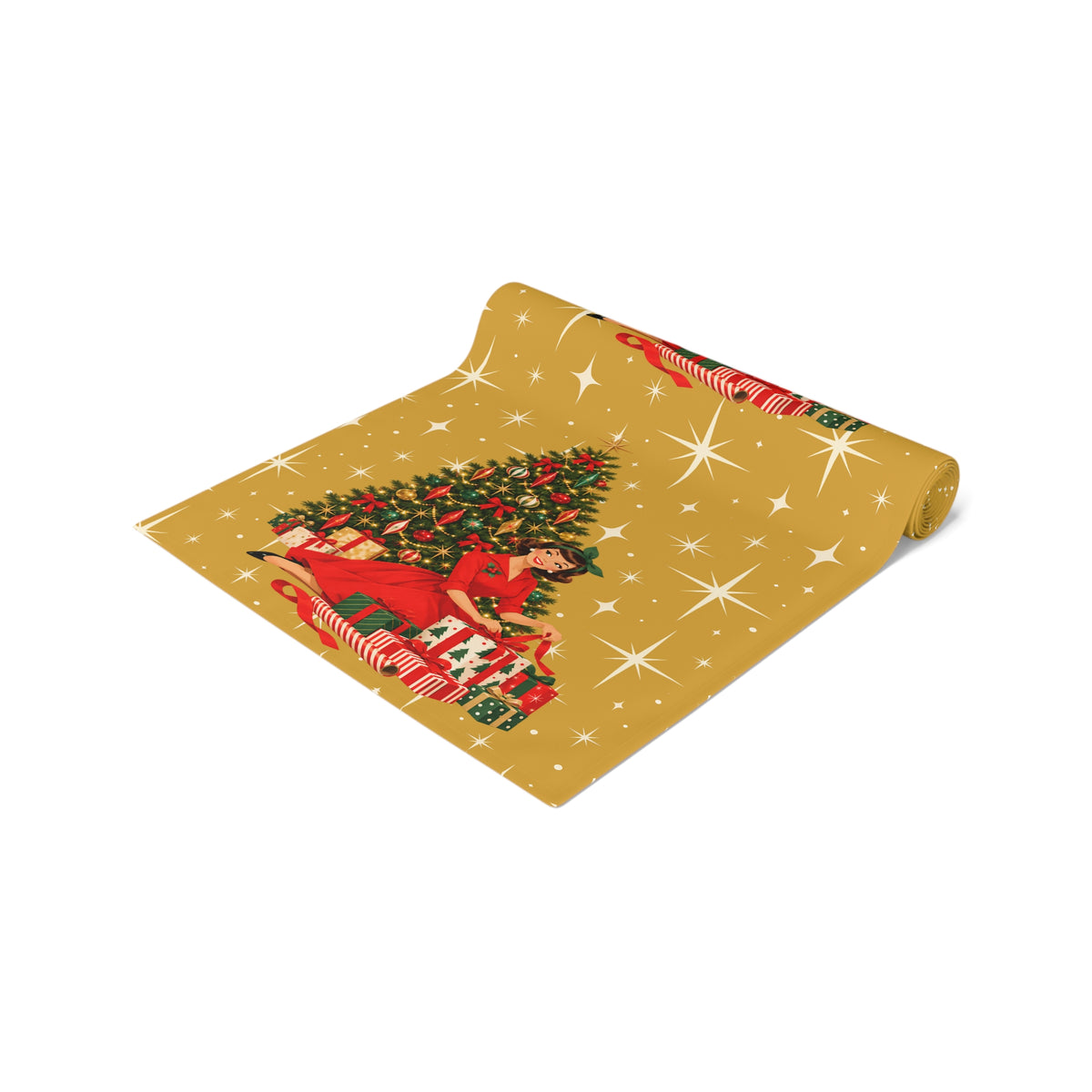 Mid Century Modern Christmas Glamour Gal Wrapping Presents by Tree, Gold Atomic Starbursts Table Runner