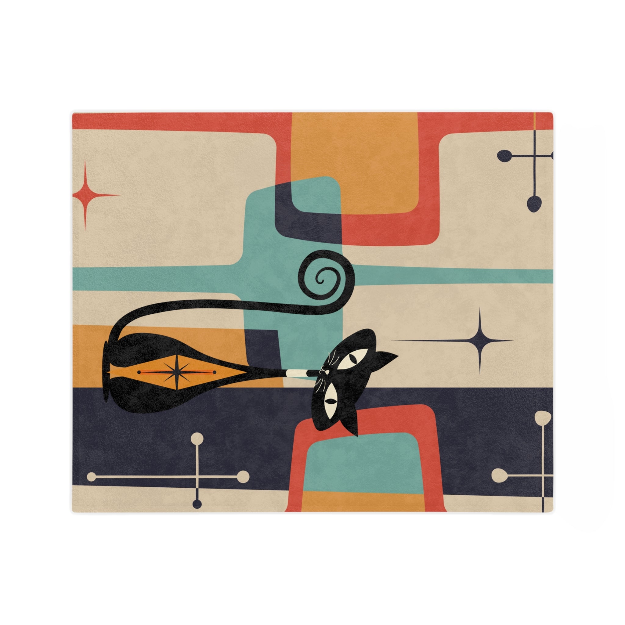 Atomic Cat Kitschy Mid Century Modern Velveteen Blanket - Mid Century Modern Gal