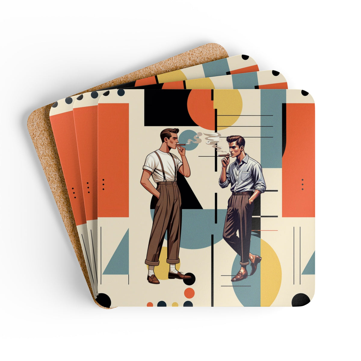Cigar Smoking Mid Mod Gentleman Bauhaus Designed Mod Corkwood Coaster Set - Mid Century Modern Gal