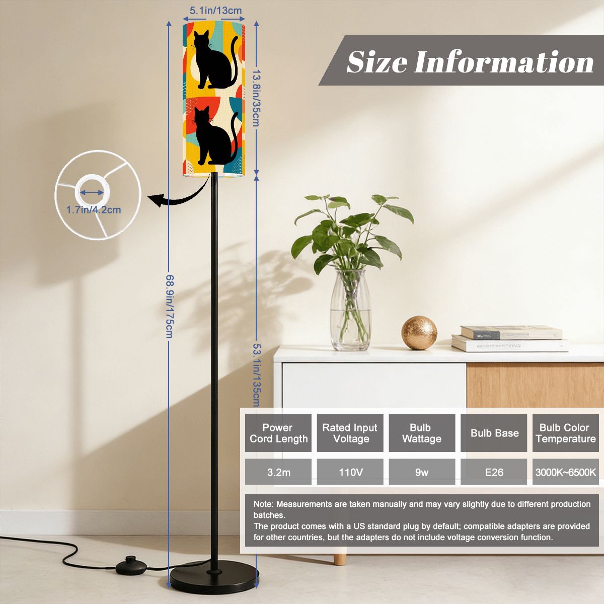 Pop Art Atomic Black Cats, Red Blue Yellow, Slim Floor Lamp - Mid Century Modern Gal