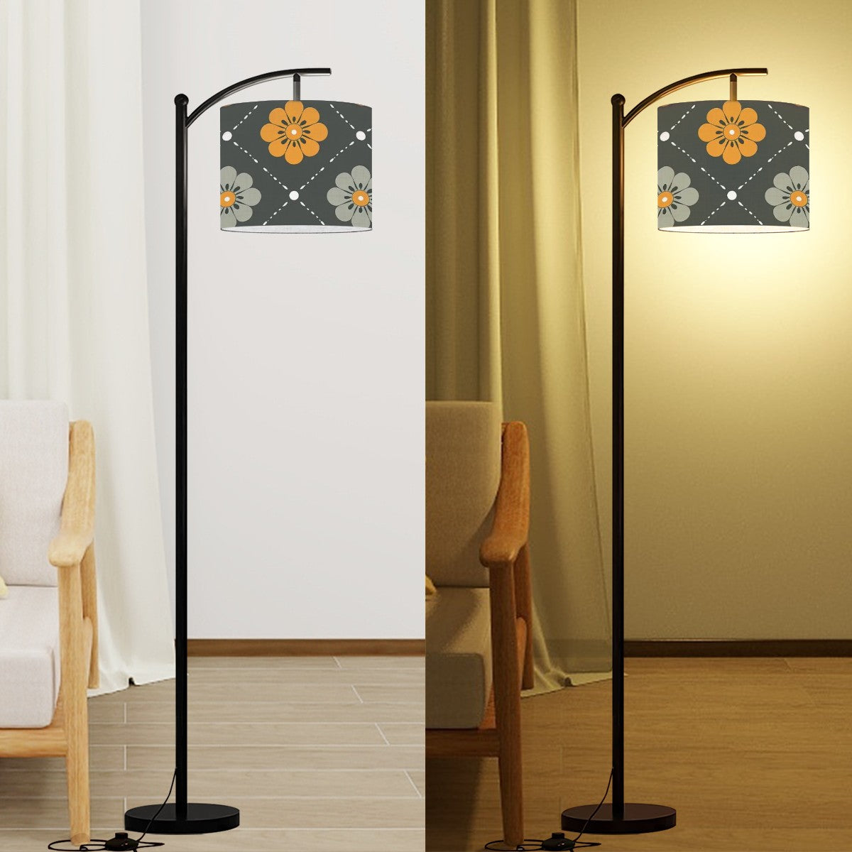 Scandinavian Floral, Mustard Yellow, Gray Mid Century Modern Arc Floor Lamp - Mid Century Modern Gal