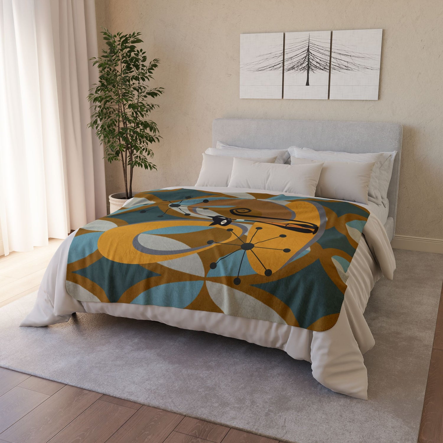 Mid Century Modern Atomic Cat, Retro Diamond Fleece Sherpa Blanket - Mid Century Modern Gal