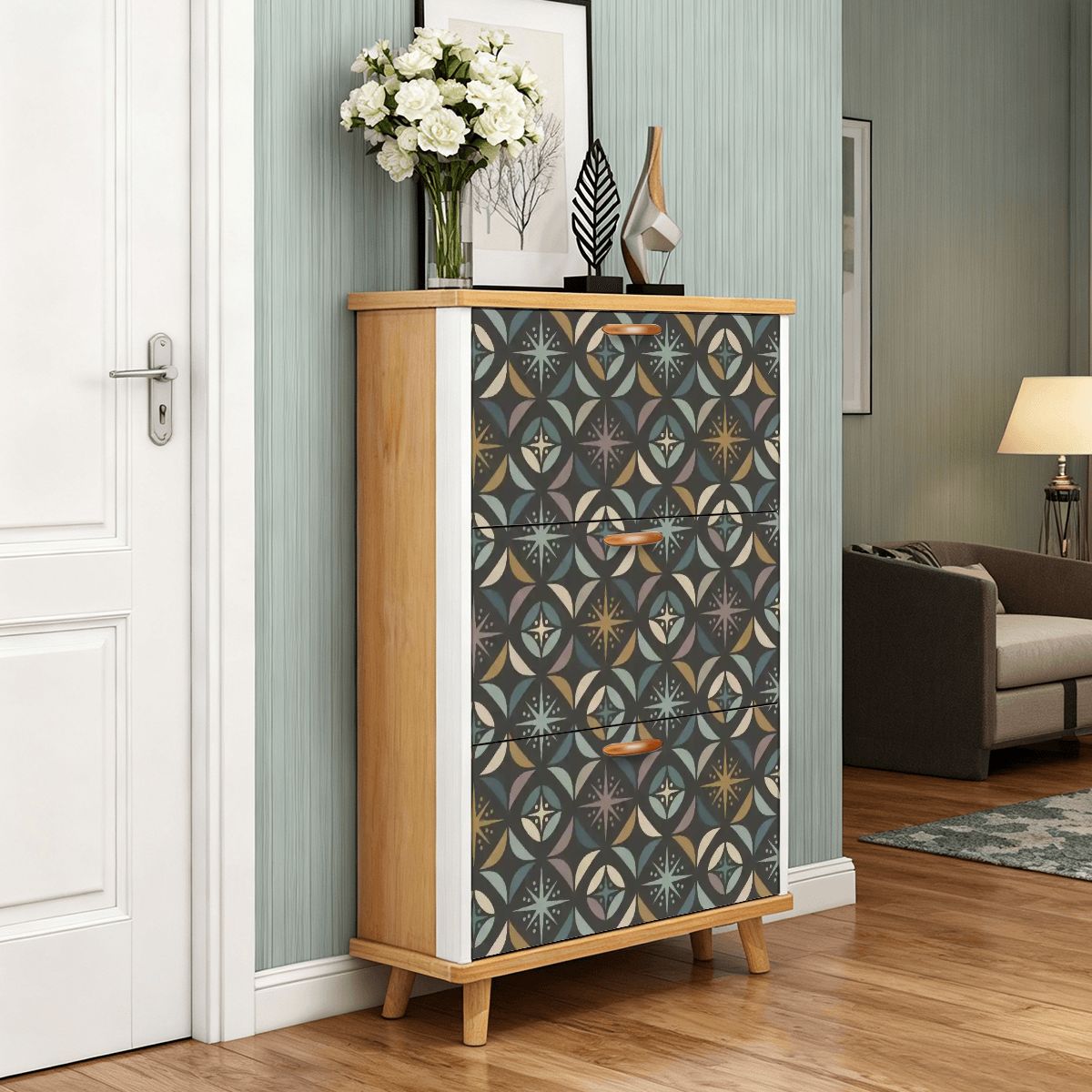 Mid Century Modern Elegant Gray Geometric Starburst Shoe Cabinet