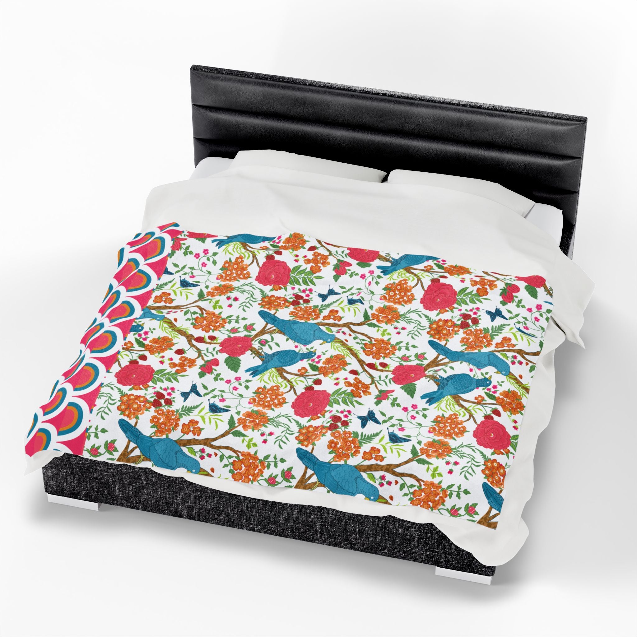 Chinoiserie Throw Blanket, Blue Pink, Birds Tropical Floral Velveteen Plush Blanket - Cozy Decor for Home - Mid Century Modern Gal