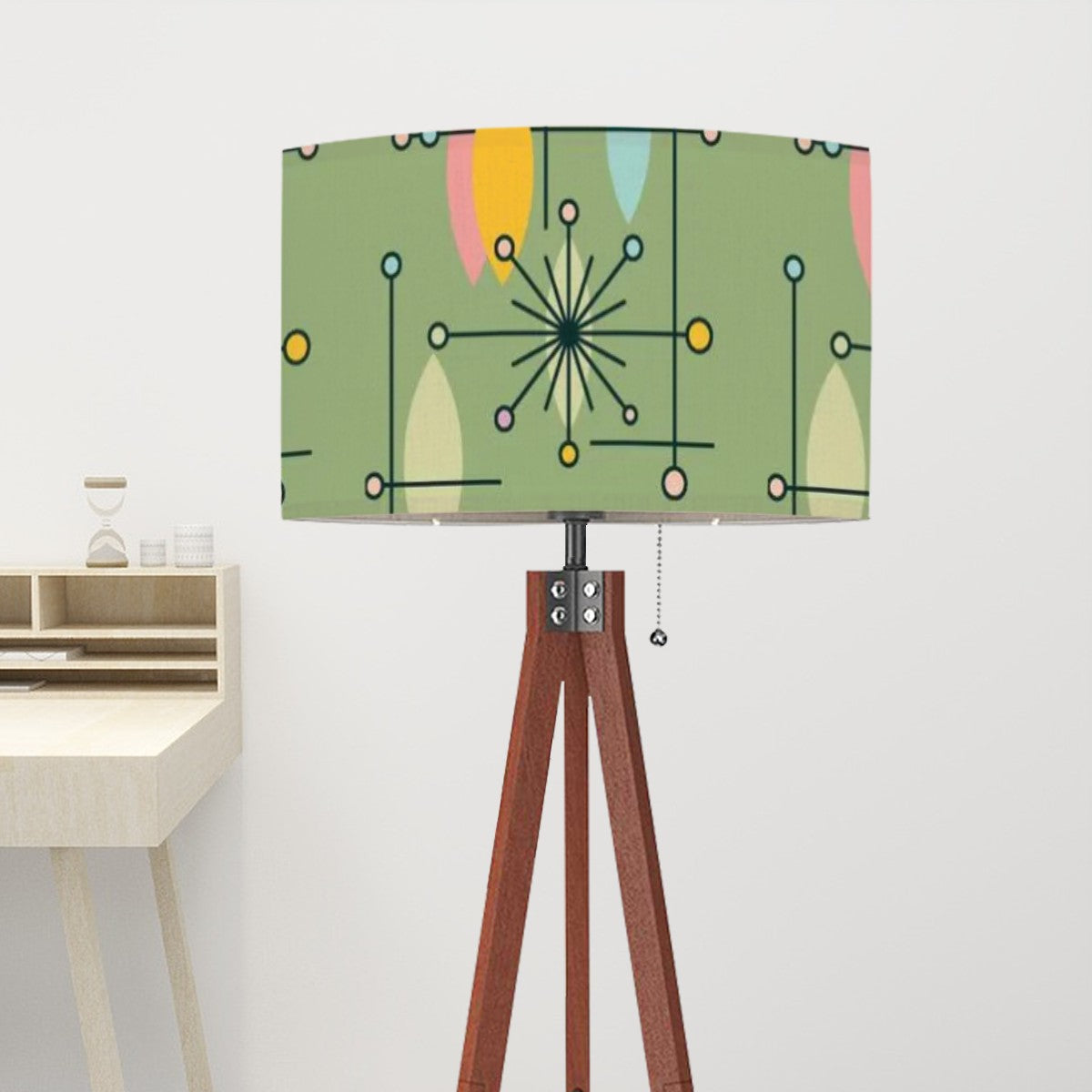 Mid Century Modern Tripod Floor Lamp Green Linen Shade Atomic Starburst Pattern (Made in USA) - Mid Century Modern Gal