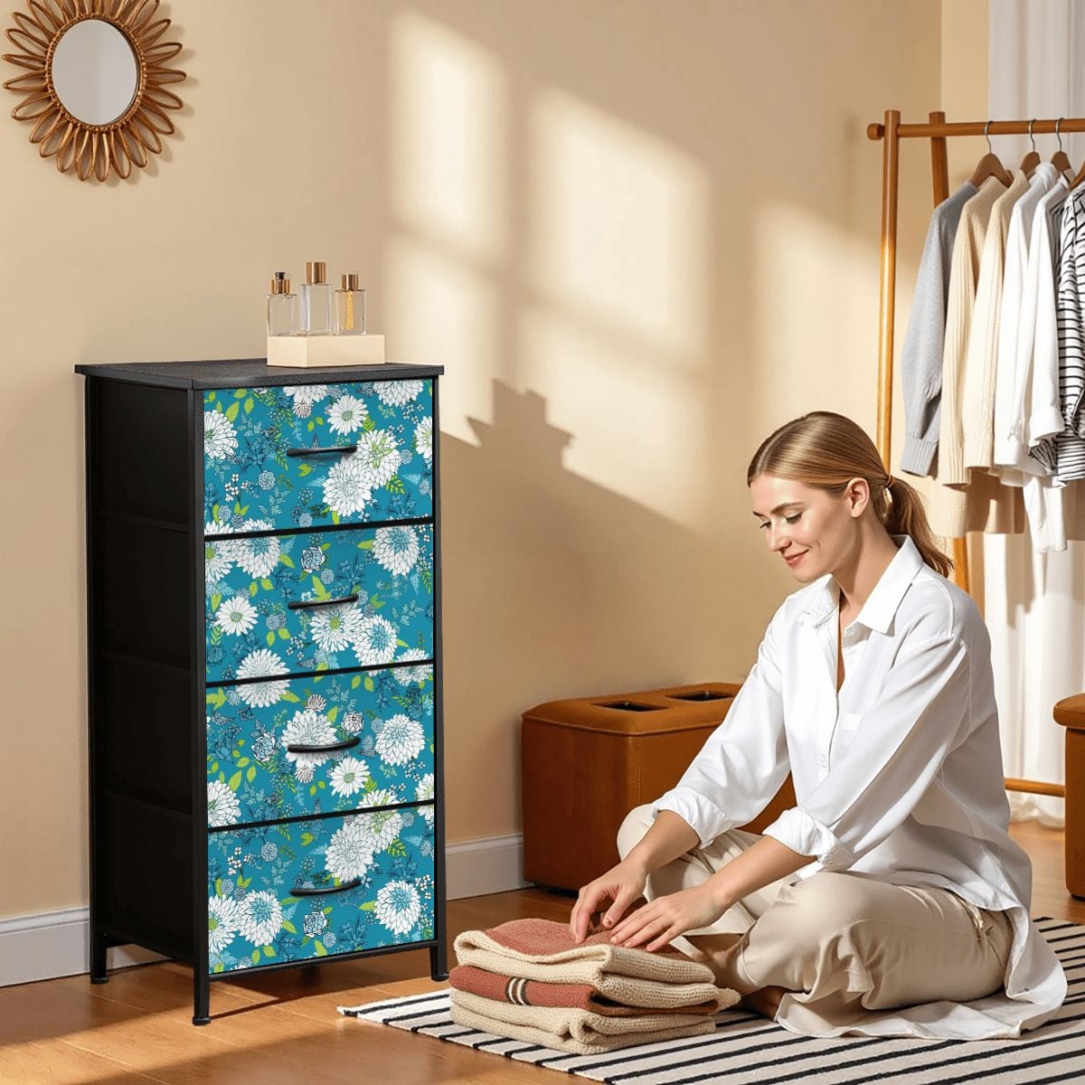 Chinoiserie Floral Teal Green White Elegant 4-Drawer Dresser - Mid Century Modern Gal