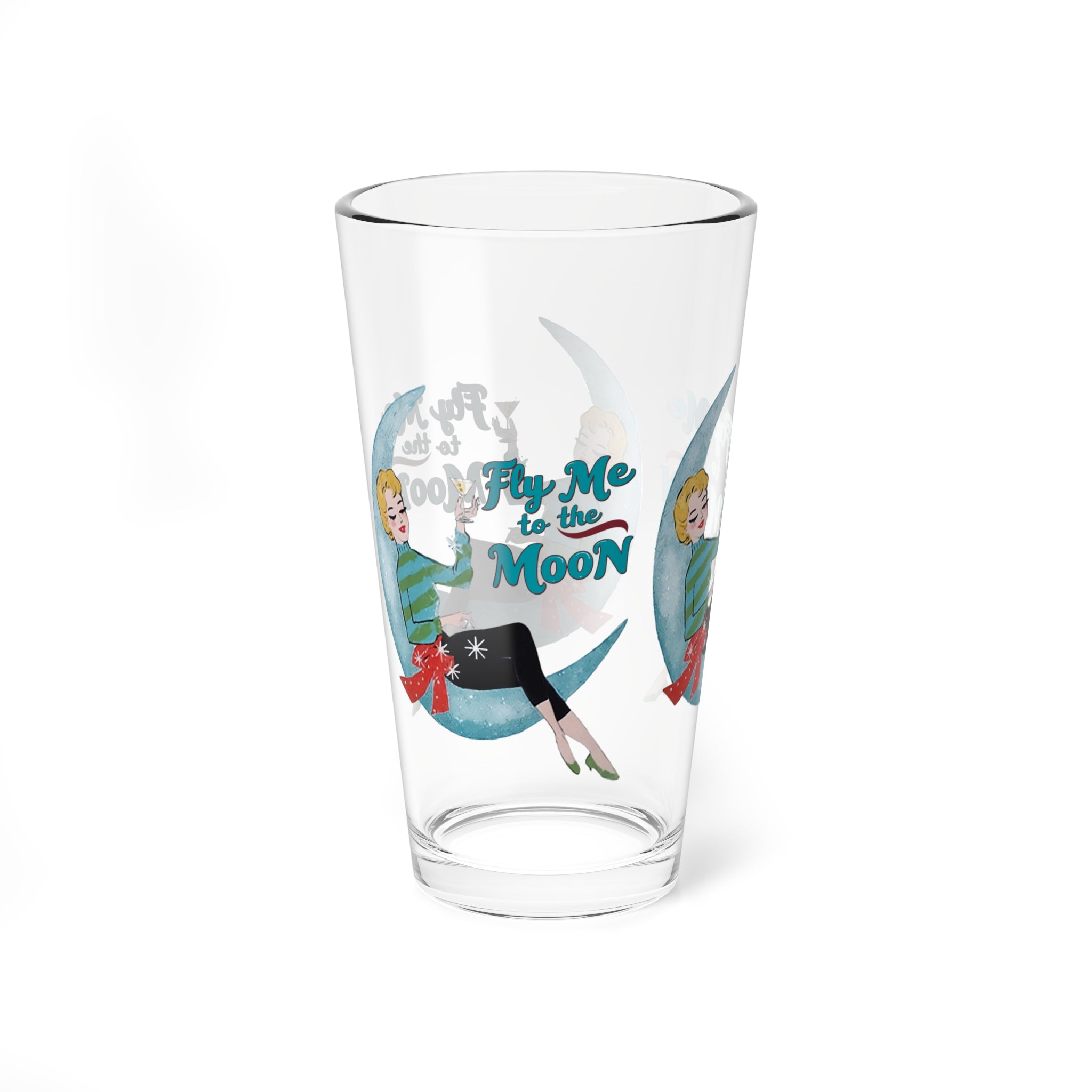 Mid Century Modern Christmas Kitsch Retro Mixing Glass - "Fly Me to the Moon" - 16oz Holiday Cocktail Cup - Mid Century Modern Gal