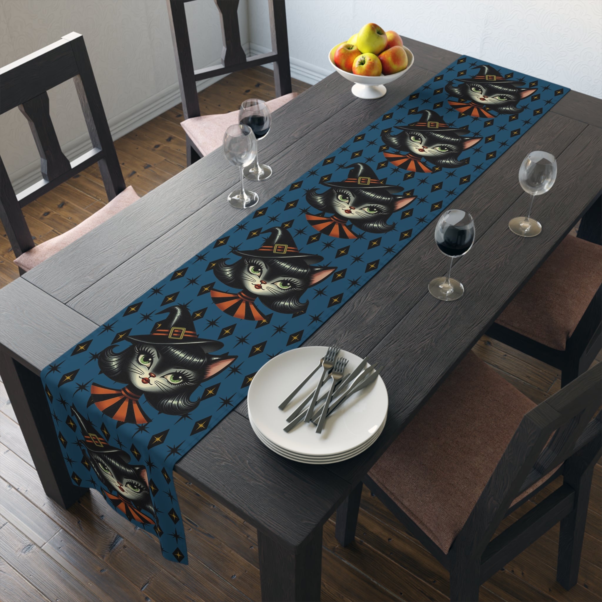 Vintage Halloween Black Cat Sexy Sexton Mid Century Modern Blue Table Runner - Mid Century Modern Gal