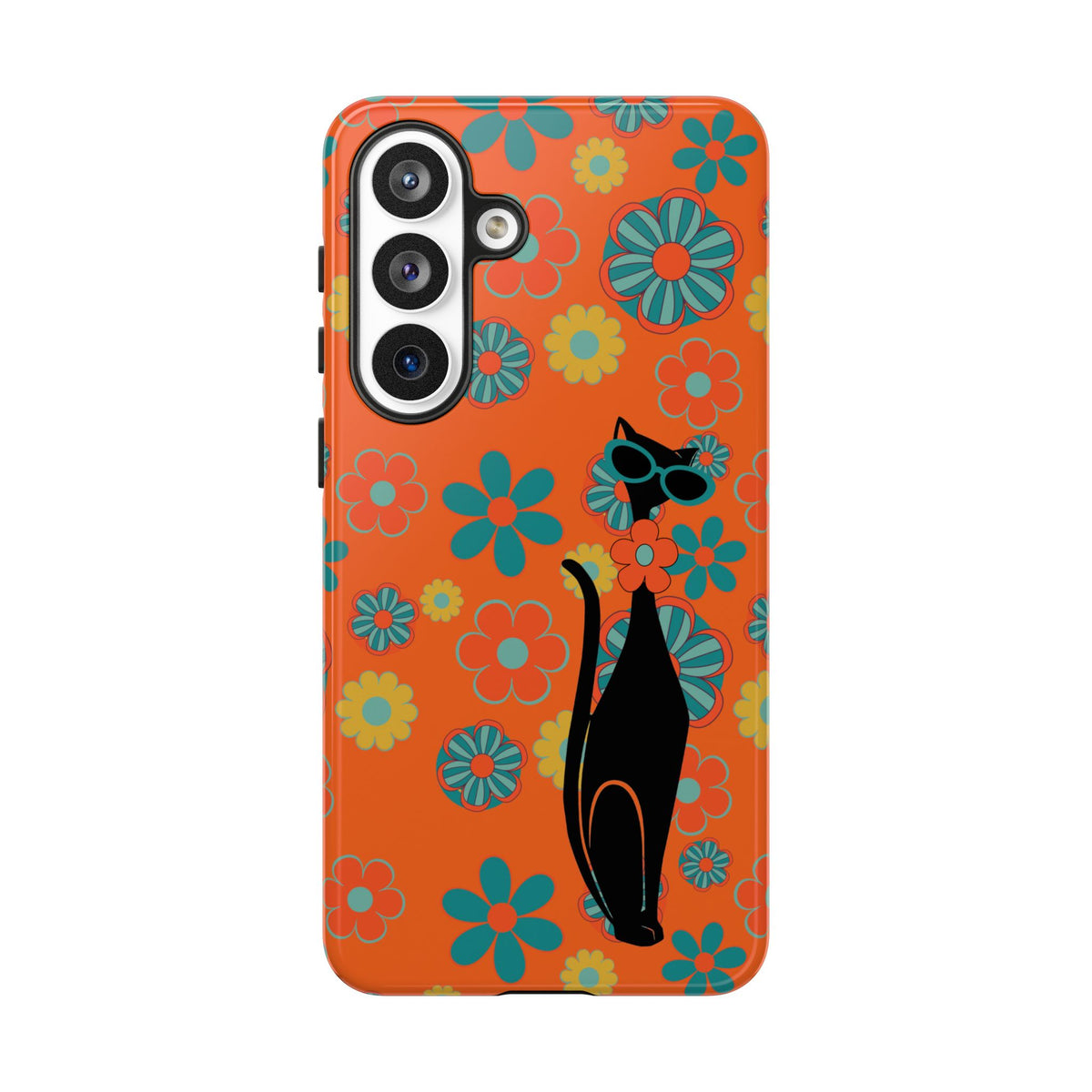 Flower Power, Retro Groovy Atomic Cat, Hipster Style Orange Samsung Galaxy and Google Pixel Tough Cases