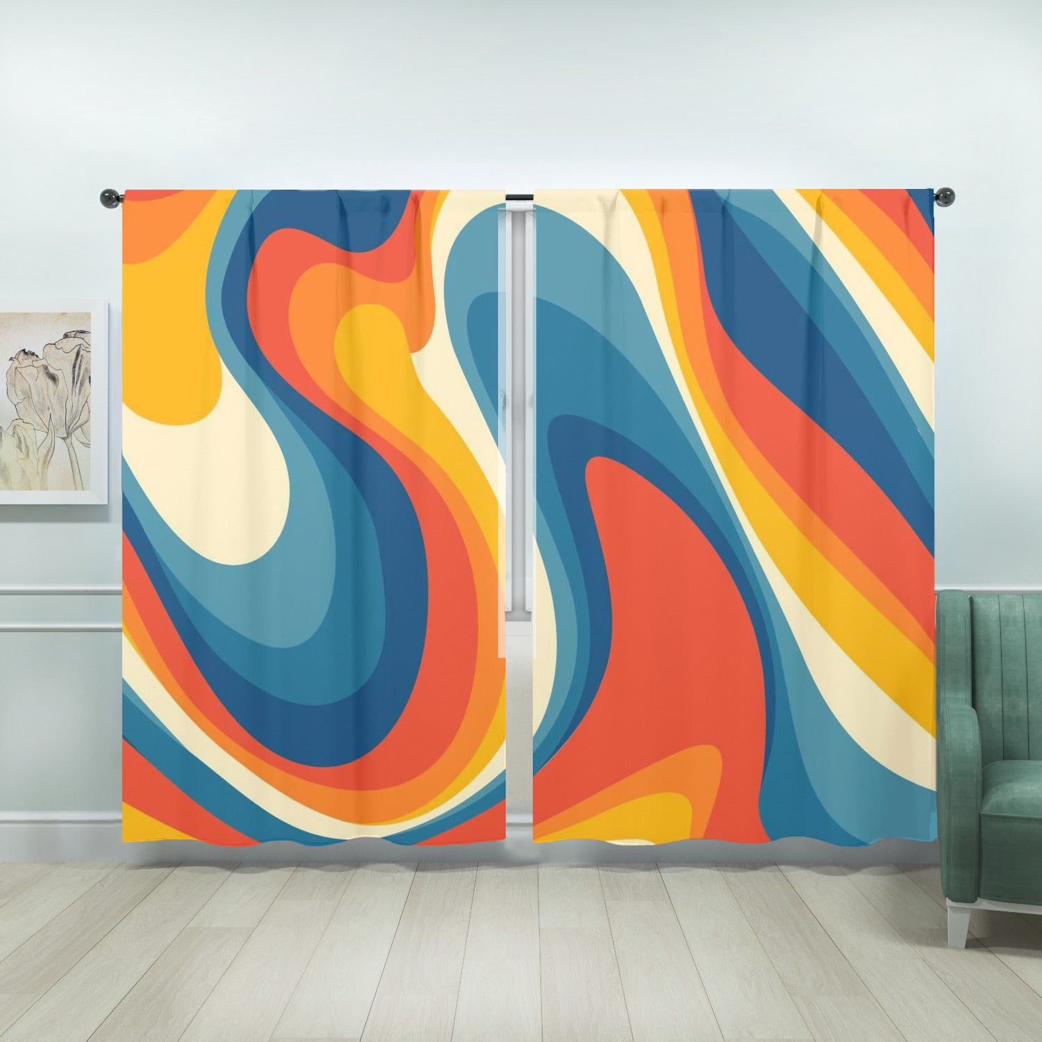70s Retro Groovy Wave Mid Mod Yellow, Orange, Blue, Cream MCM Window Curtains (two panels) - Mid Century Modern Gal