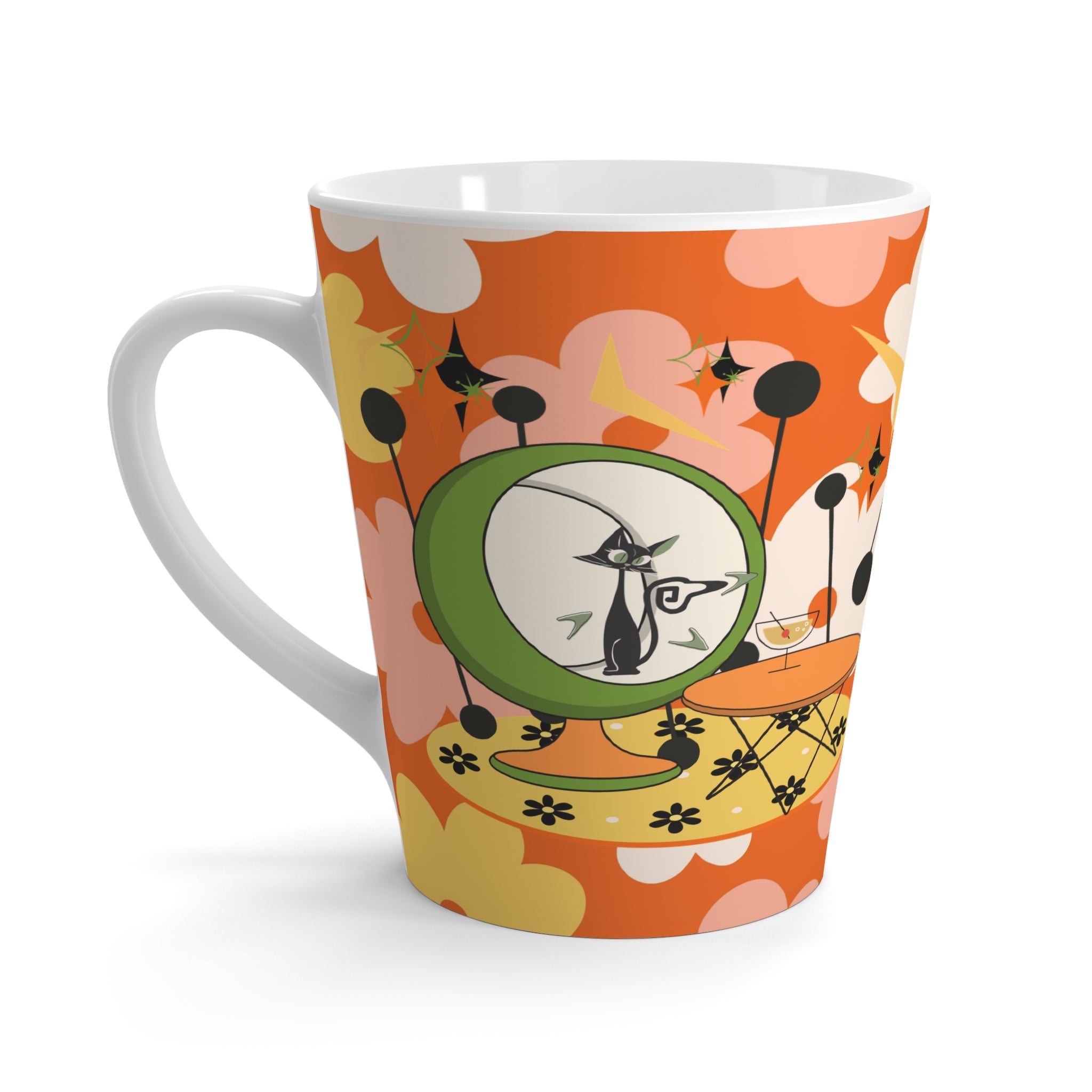 70s Retro Floral Latte Mug with Playful Atomic Cat Design - Perfect for Coffee Lovers - Mid Century Modern Gal