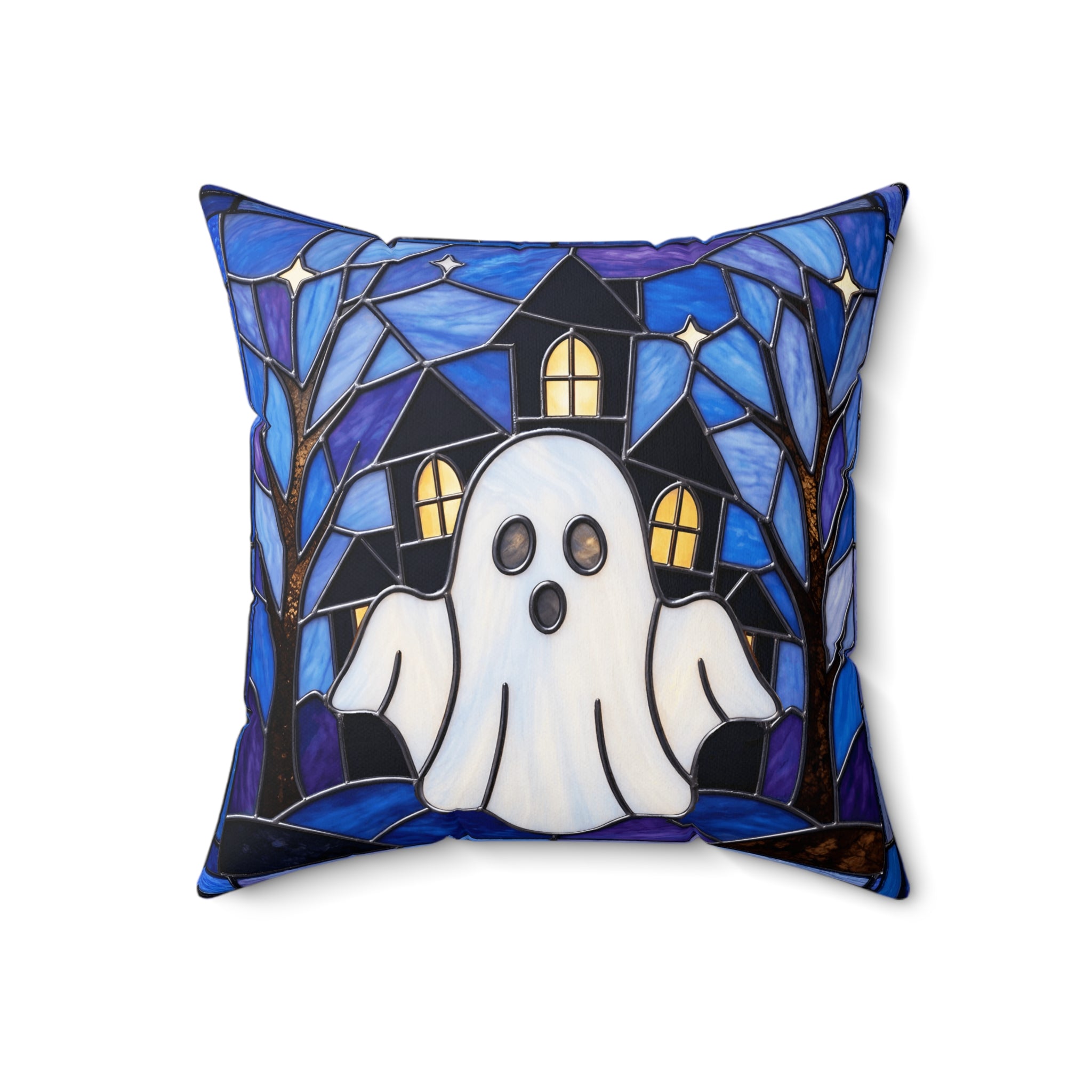 Halloween Stained Glass Style Ghost Haunted House Pillow Cover and Insert