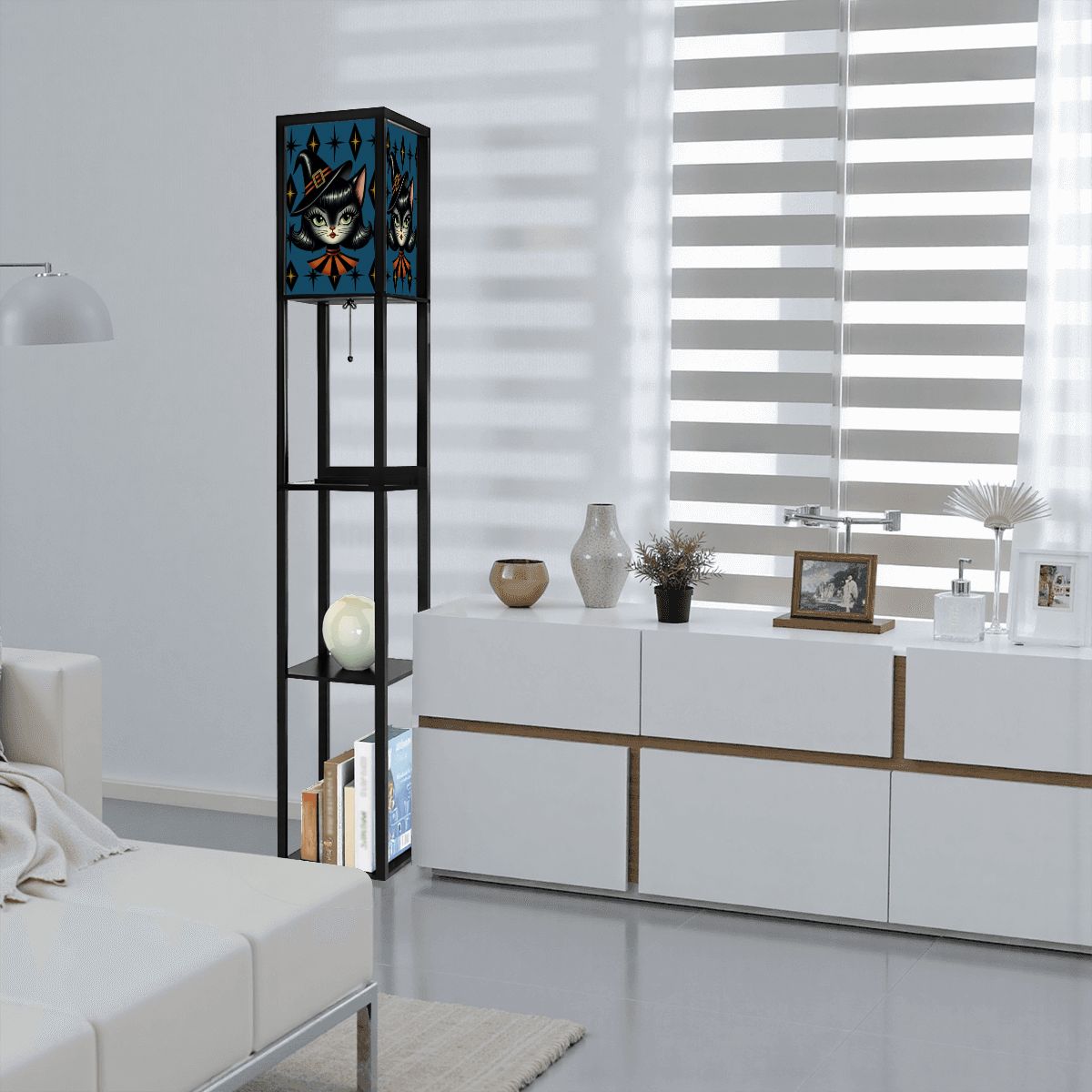 Vintage Halloween Black Cat Sexy Sexton Mid Century Modern Blue Floor Lamp with Shelves - Mid Century Modern Gal