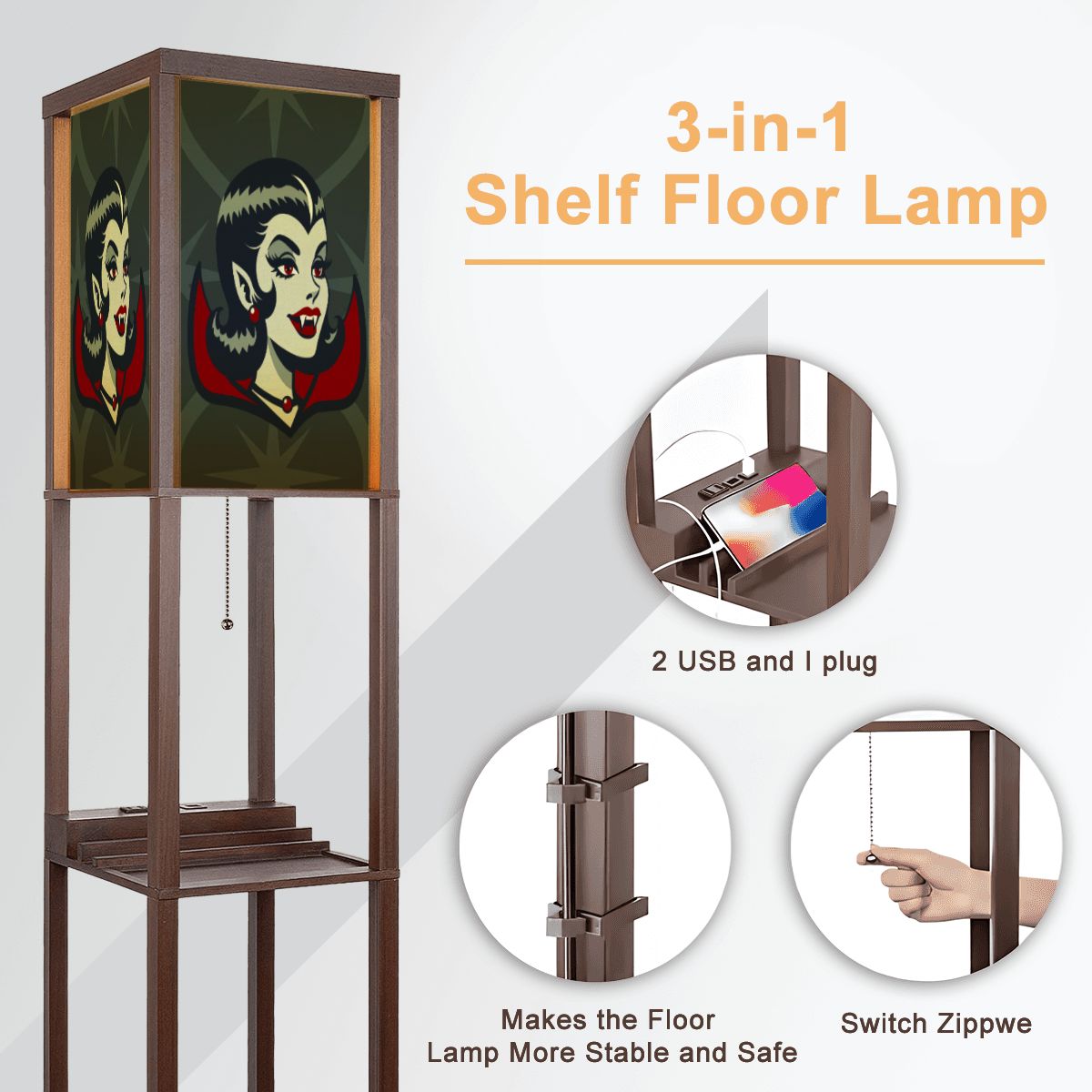 Vampire Dracula Girl Halloween Goth Horror Buff MCM Green Floor Lamp with Shelves - Mid Century Modern Gal