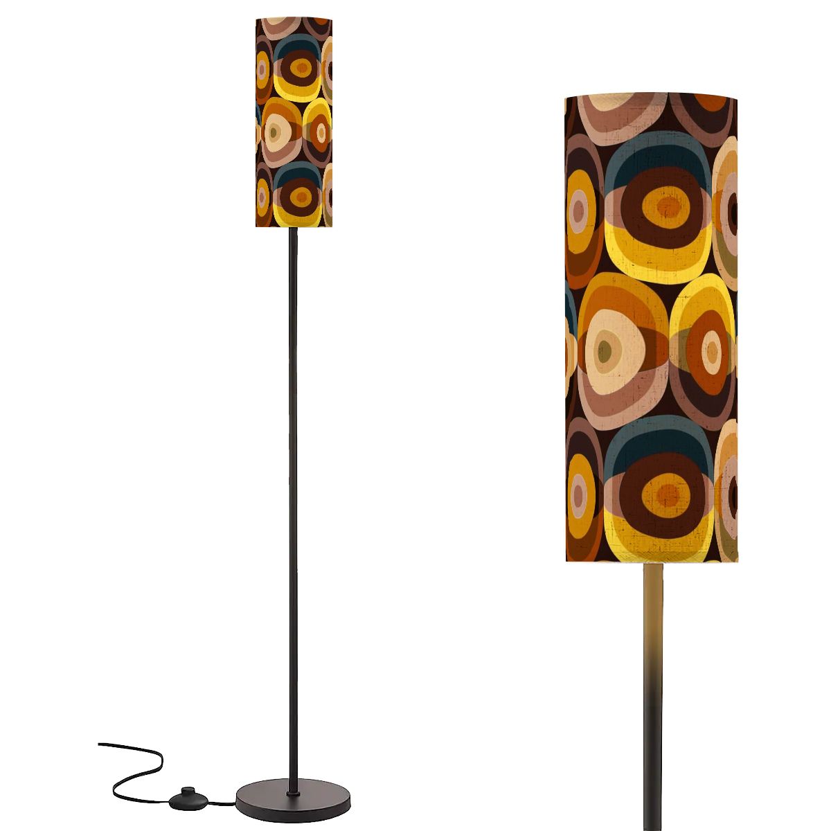 Mid Mod 70s Groovy Orbs, Brown Yellow Beige, Blue, Retro Slim Floor Lamp - Mid Century Modern Gal