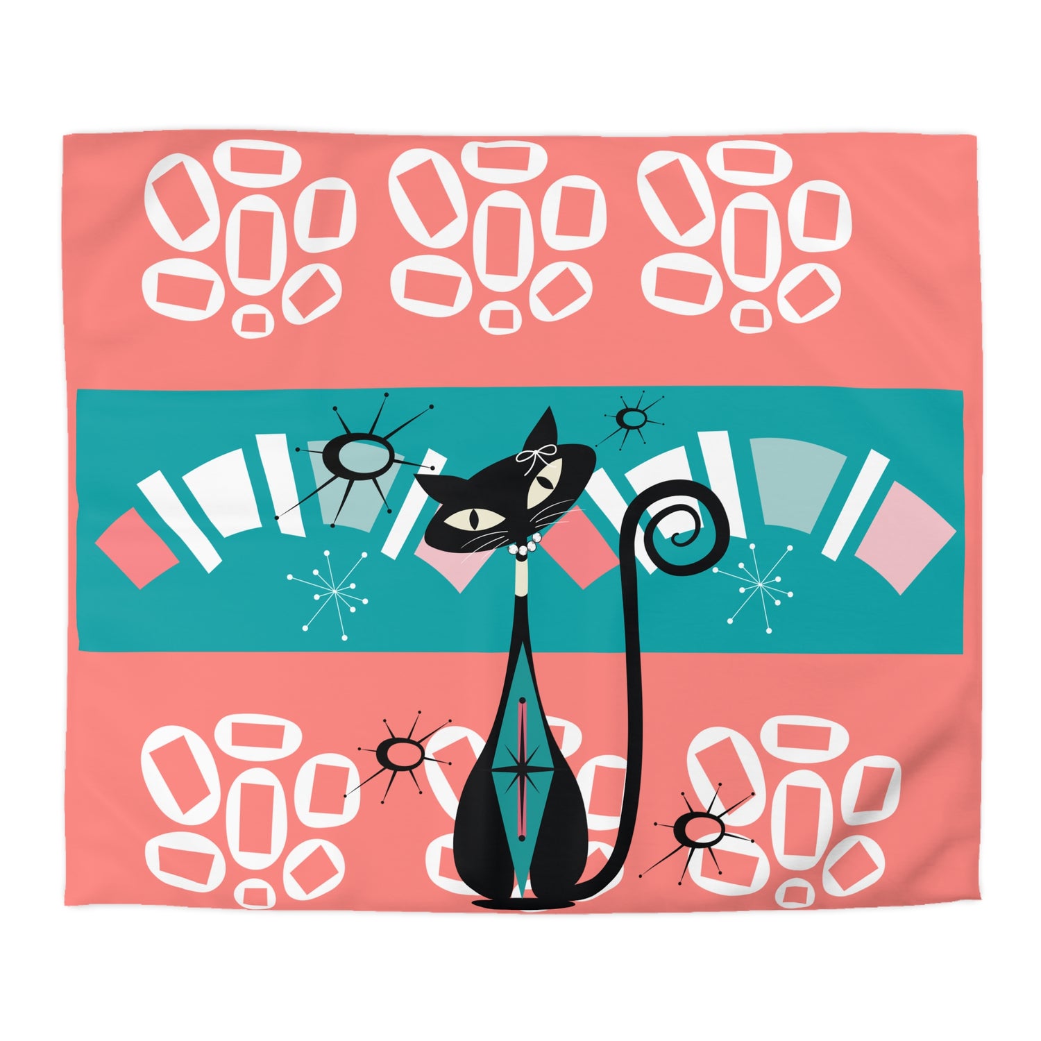 Mid Century Modern Atomic Cat, Coral, Teal, White Kitschy Funky Mod Duvet - Mid Century Modern Gal