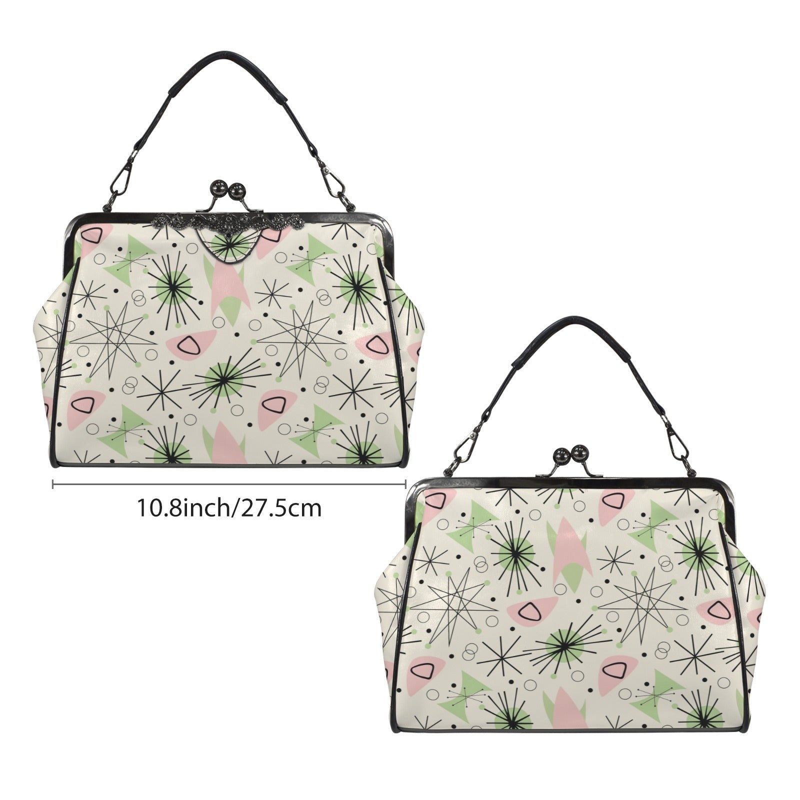 Mid Century Modern Atomic Starburst Vanilla White Pink Green Kisslock Crossbody Purse - Mid Century Modern Gal