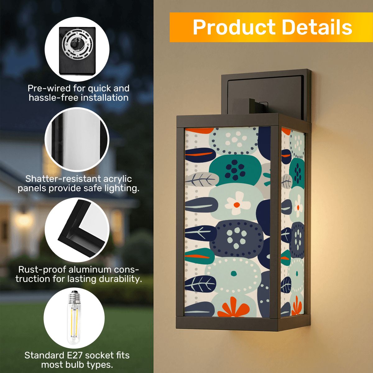 Mid Mod Scandinavian Blue, Orange Floral Modern Danish Designed Entry, Patio Wall Light - Mid Century Modern Gal