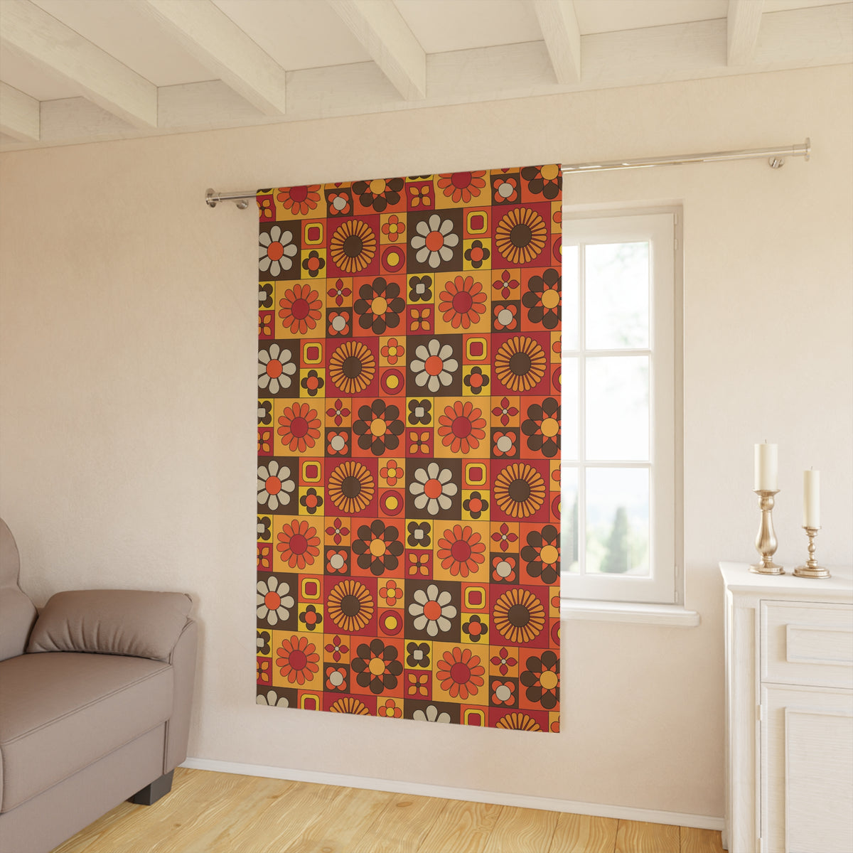Retro Flower Power Patchwork 70s Floral Window Curtain – Stylish Home Decor for Cozy Living Spaces - Mid Century Modern Gal